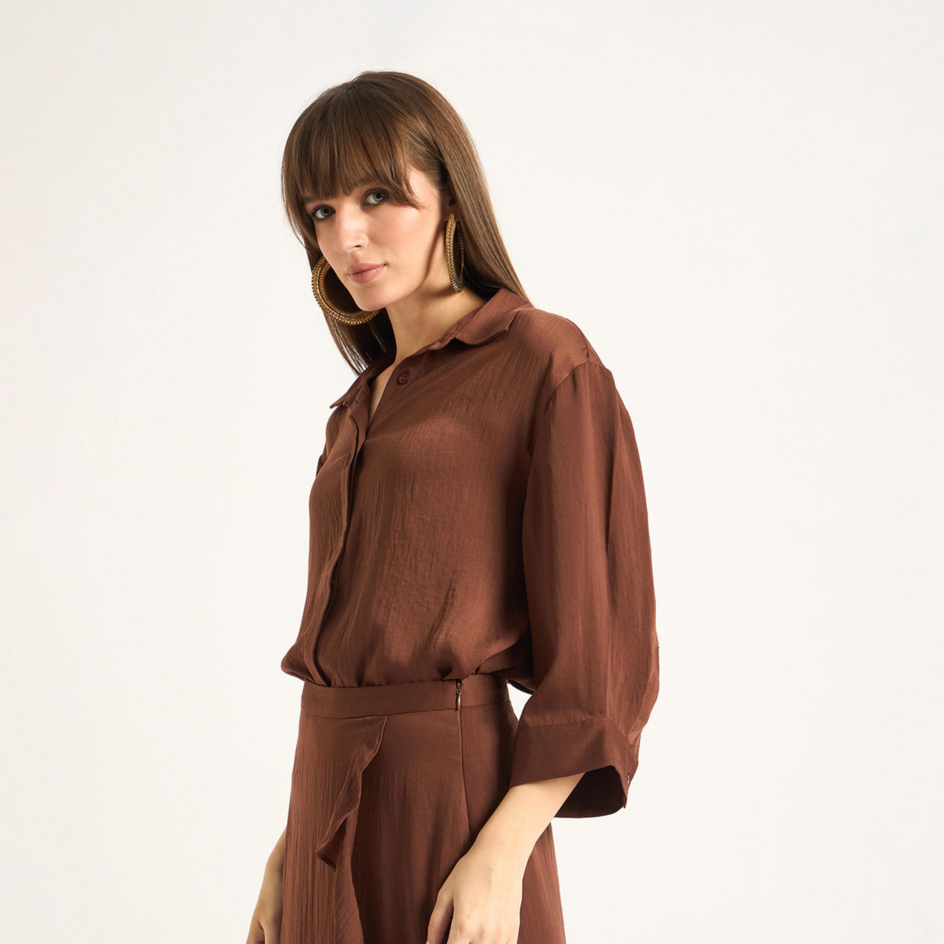 Femmella X Styli Coffee Brown Satin Shirt-women-clothing-shirtsandblouses-shirts-image-3