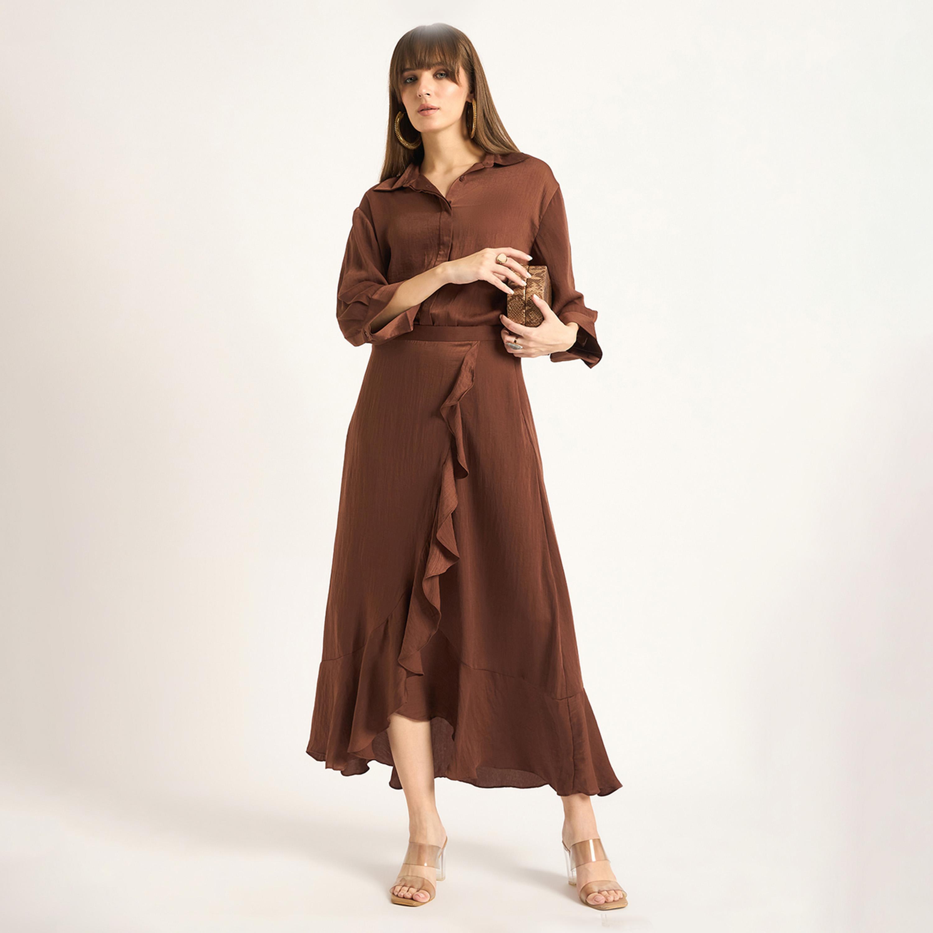 Femmella X Styli Coffee Brown Satin Shirt-women-clothing-shirtsandblouses-shirts-image-5