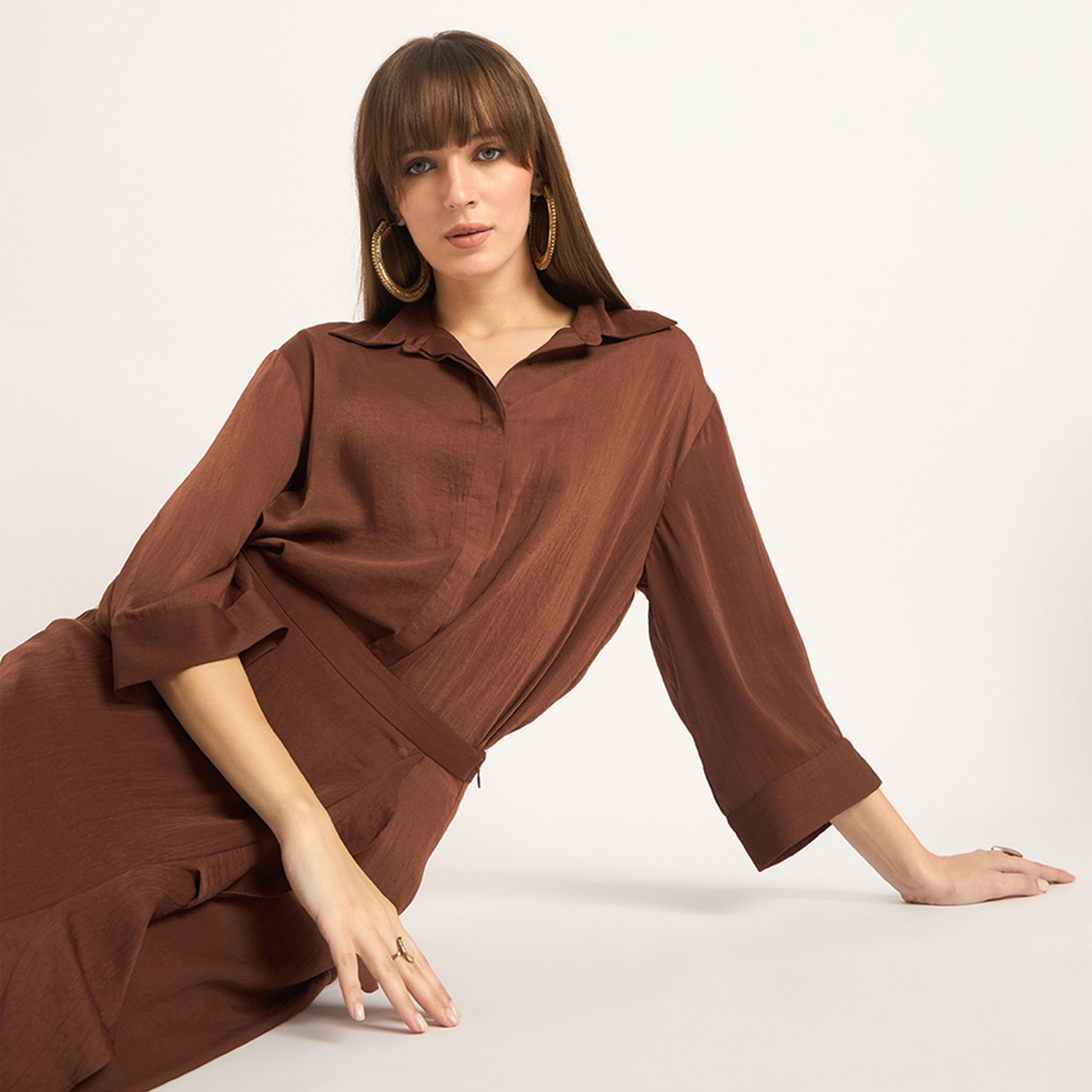 Femmella X Styli Coffee Brown Satin Shirt-women-clothing-shirtsandblouses-shirts-image-6