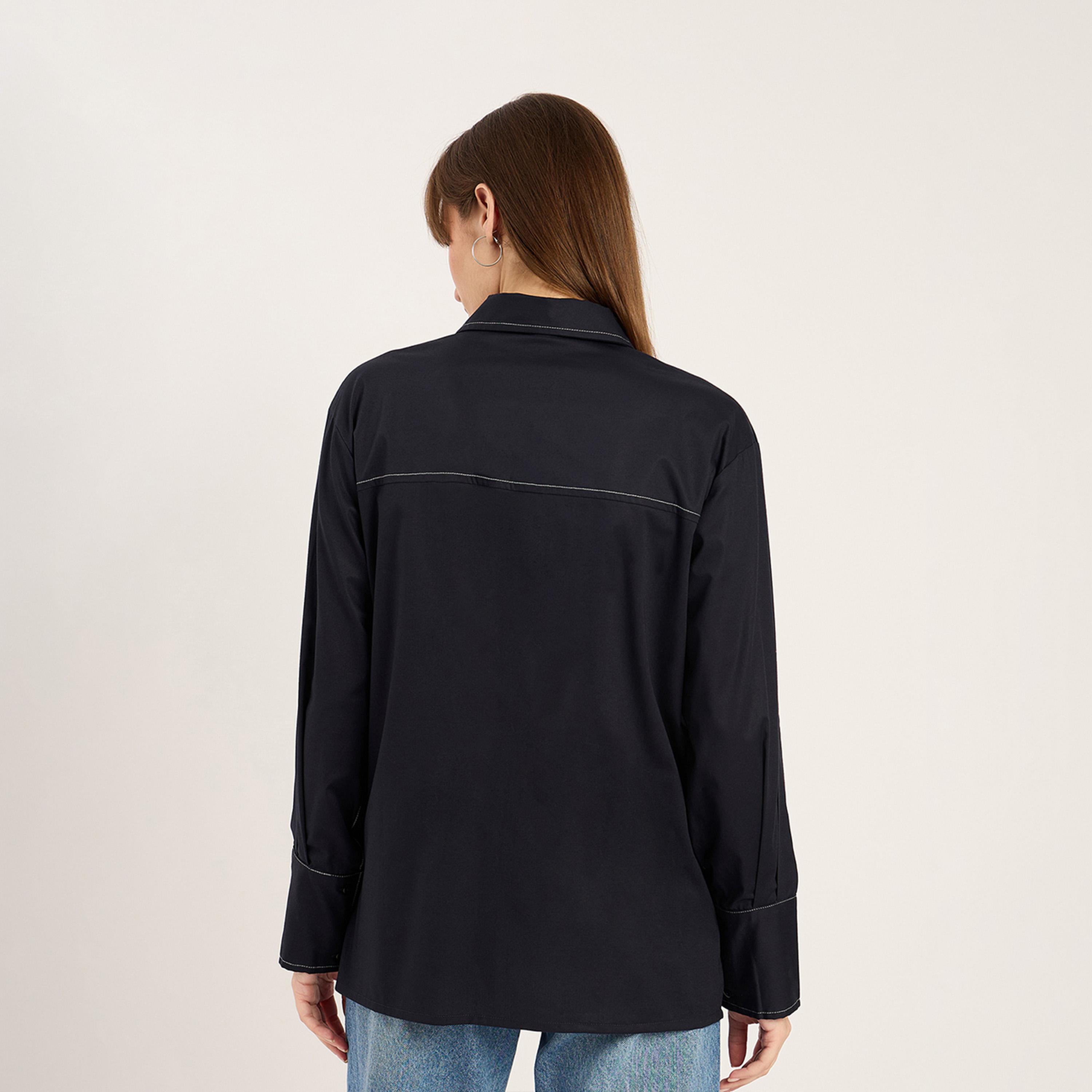 فيميلا × ستايلي - قميص بوبلين مع تفاصيل خياطة - أزرق داكن-women-clothing-shirtsandblouses-shirts-image-2