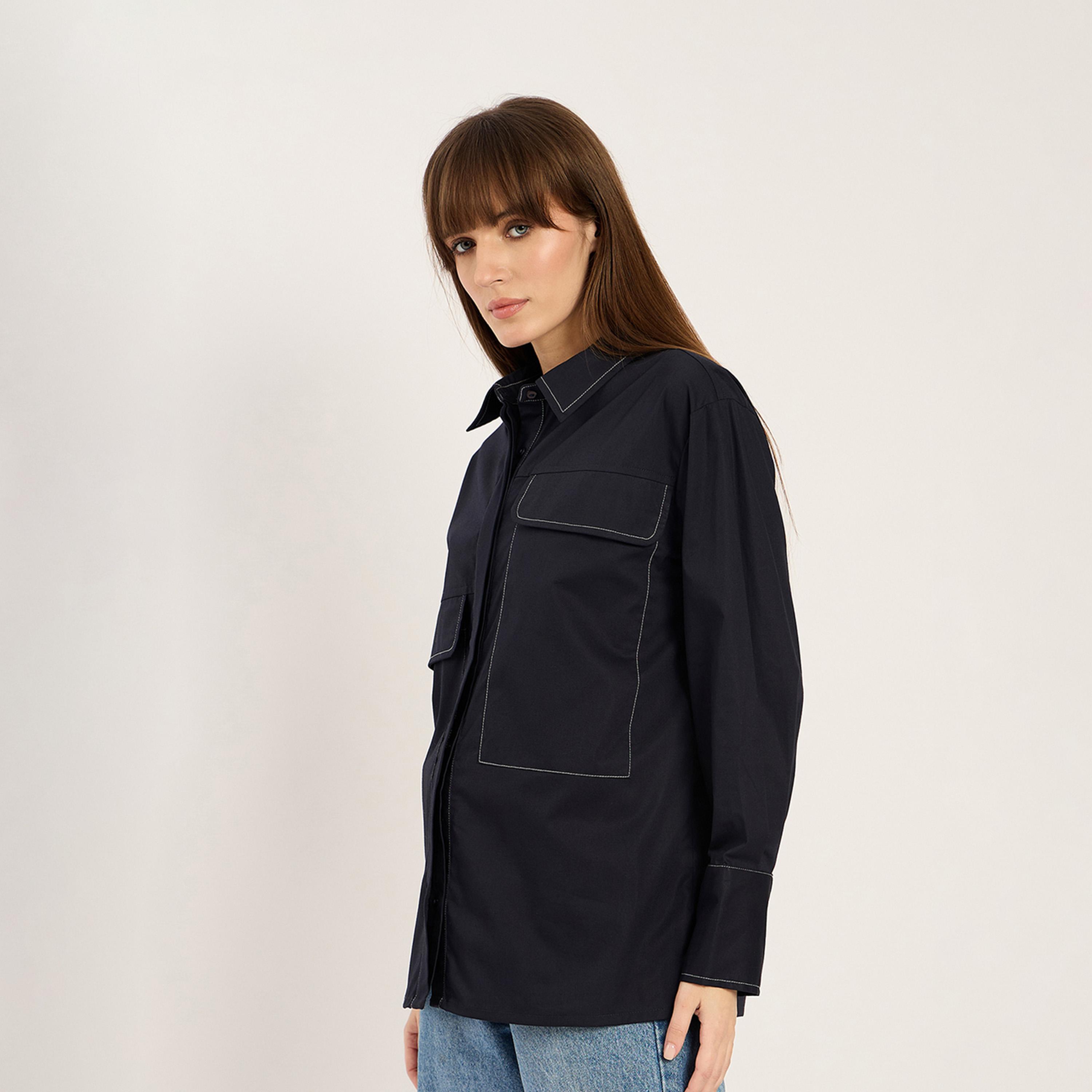فيميلا × ستايلي - قميص بوبلين مع تفاصيل خياطة - أزرق داكن-women-clothing-shirtsandblouses-shirts-image-3