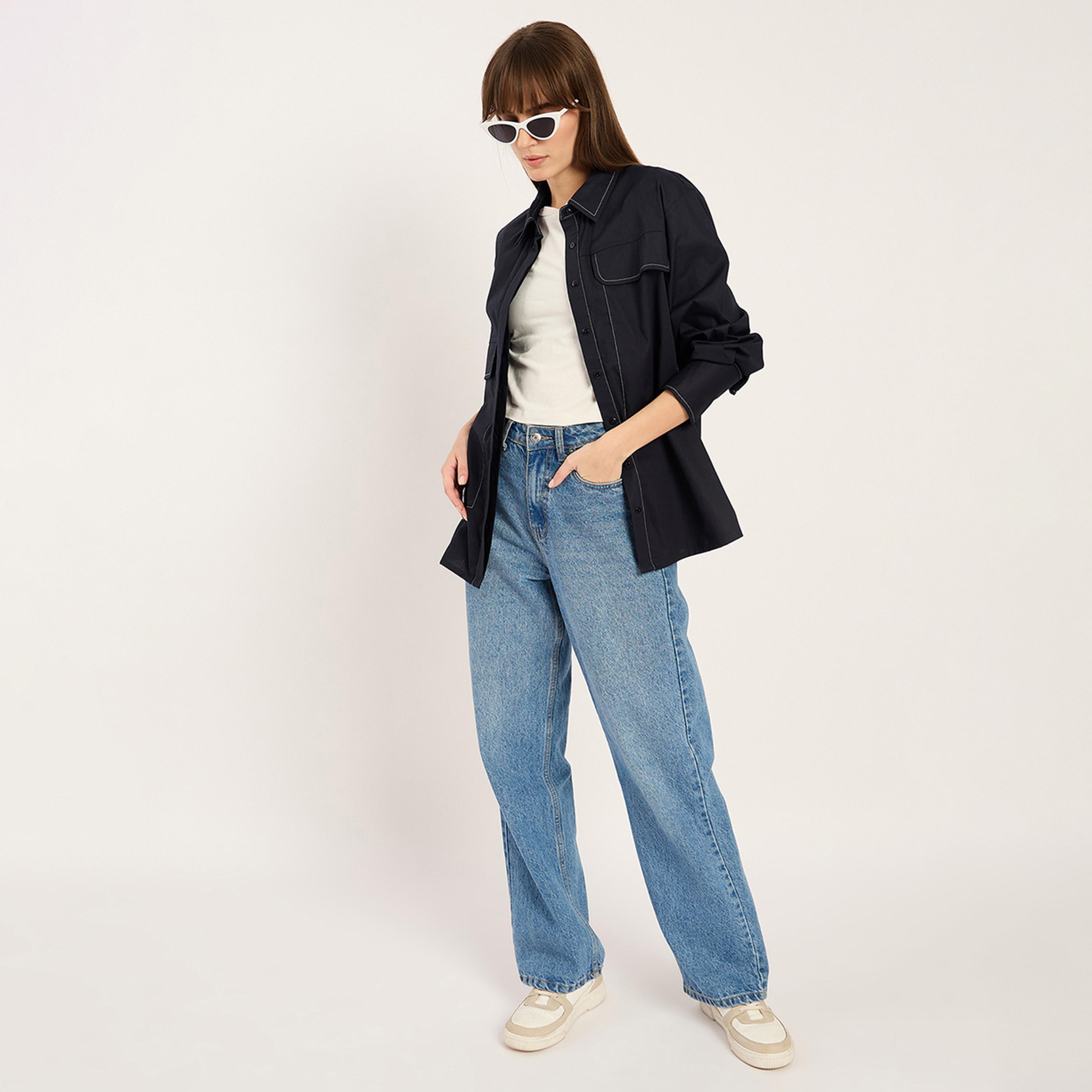 فيميلا × ستايلي - قميص بوبلين مع تفاصيل خياطة - أزرق داكن-women-clothing-shirtsandblouses-shirts-image-4