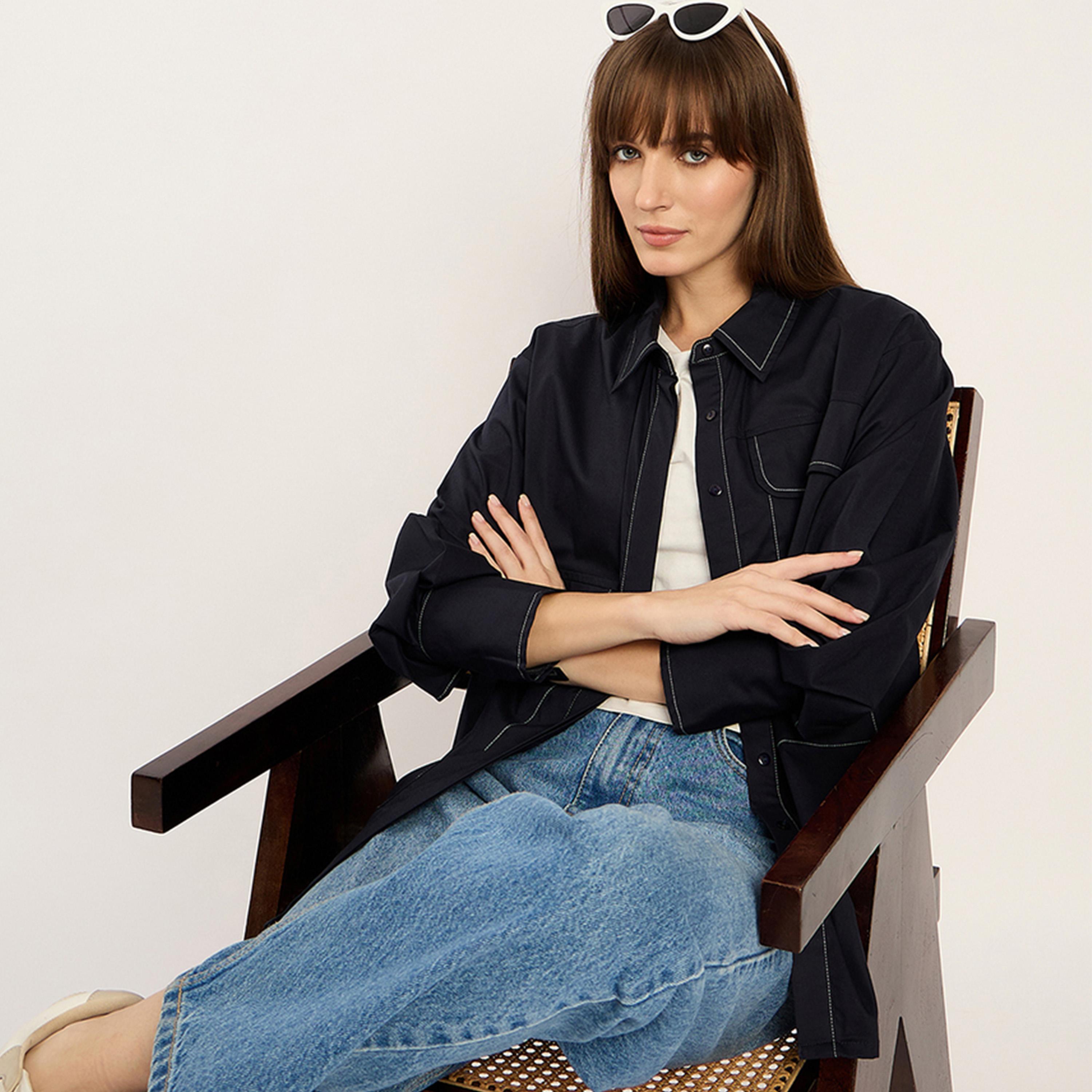 Femmella X Styli Navy Stitch Detailing Poplin Shirt-women-clothing-shirtsandblouses-shirts-image-5