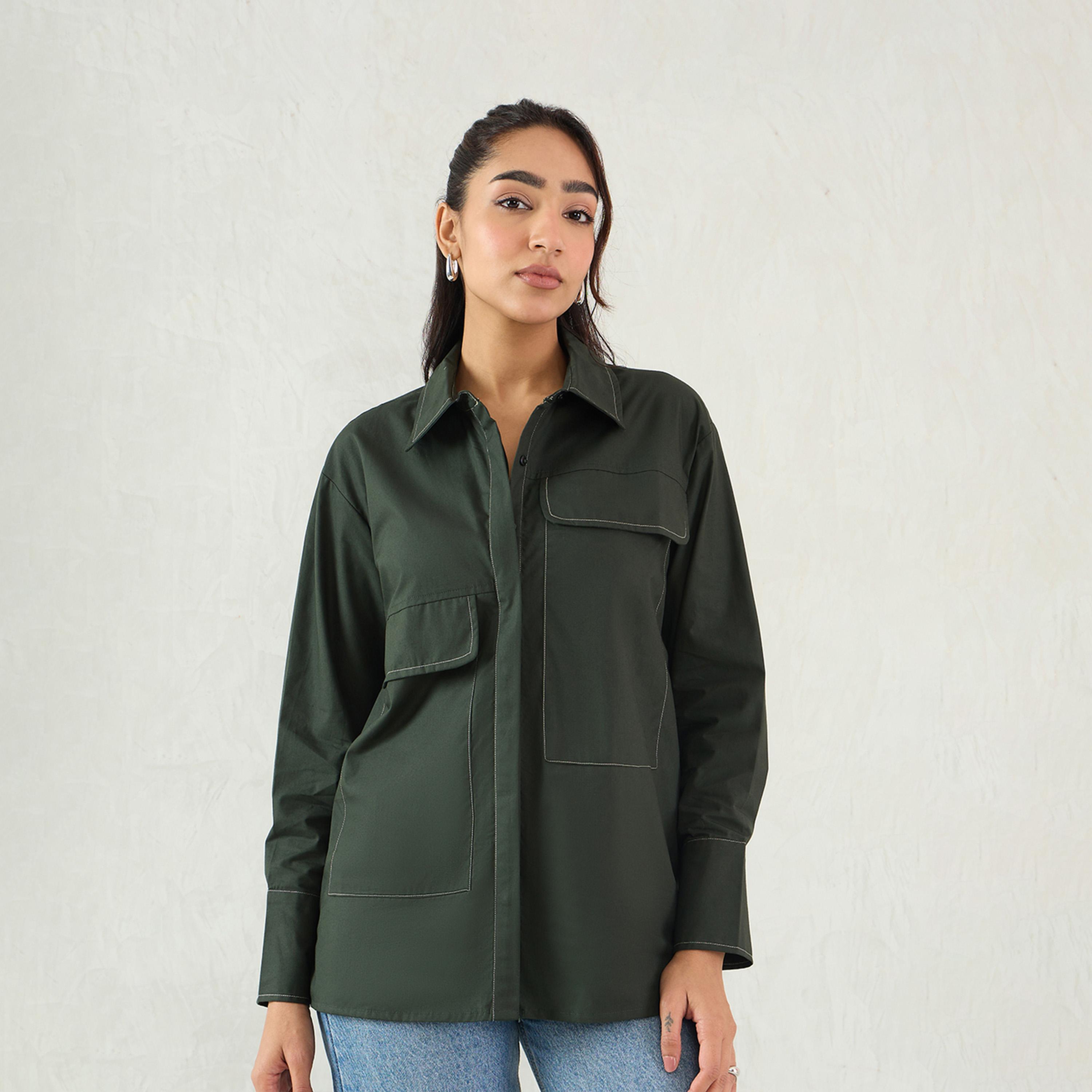 فيميلا × ستايلي - قميص بوبلين بتفاصيل غرزة - زيتي-women-clothing-shirtsandblouses-shirts-image-1