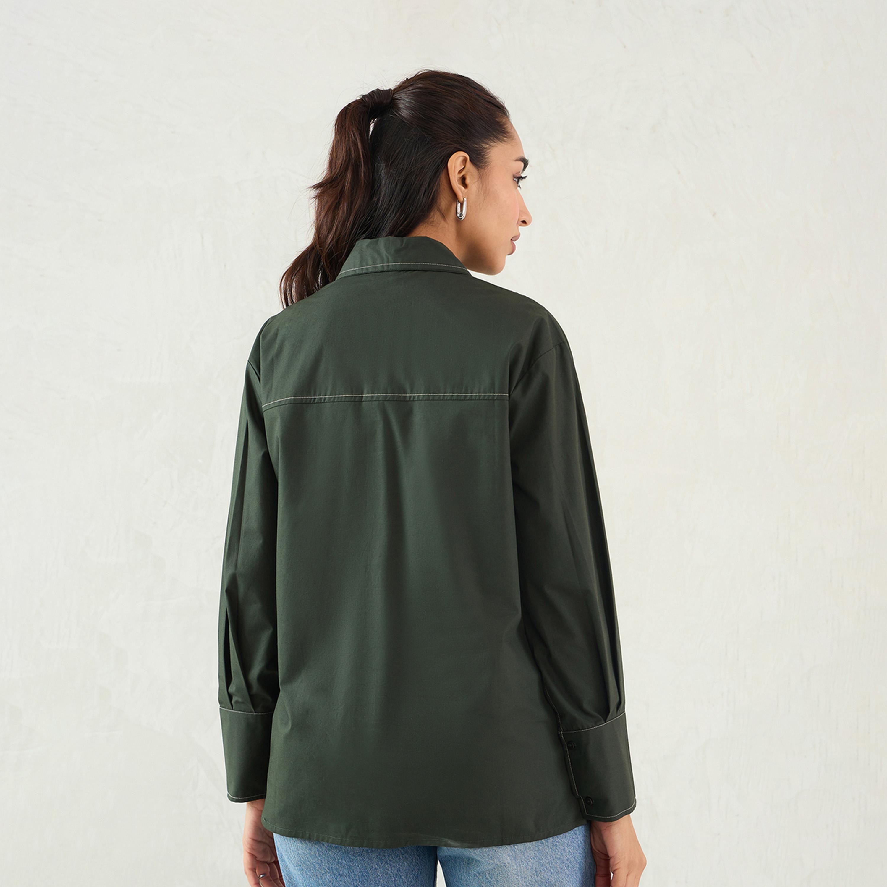 فيميلا × ستايلي - قميص بوبلين بتفاصيل غرزة - زيتي-women-clothing-shirtsandblouses-shirts-image-2