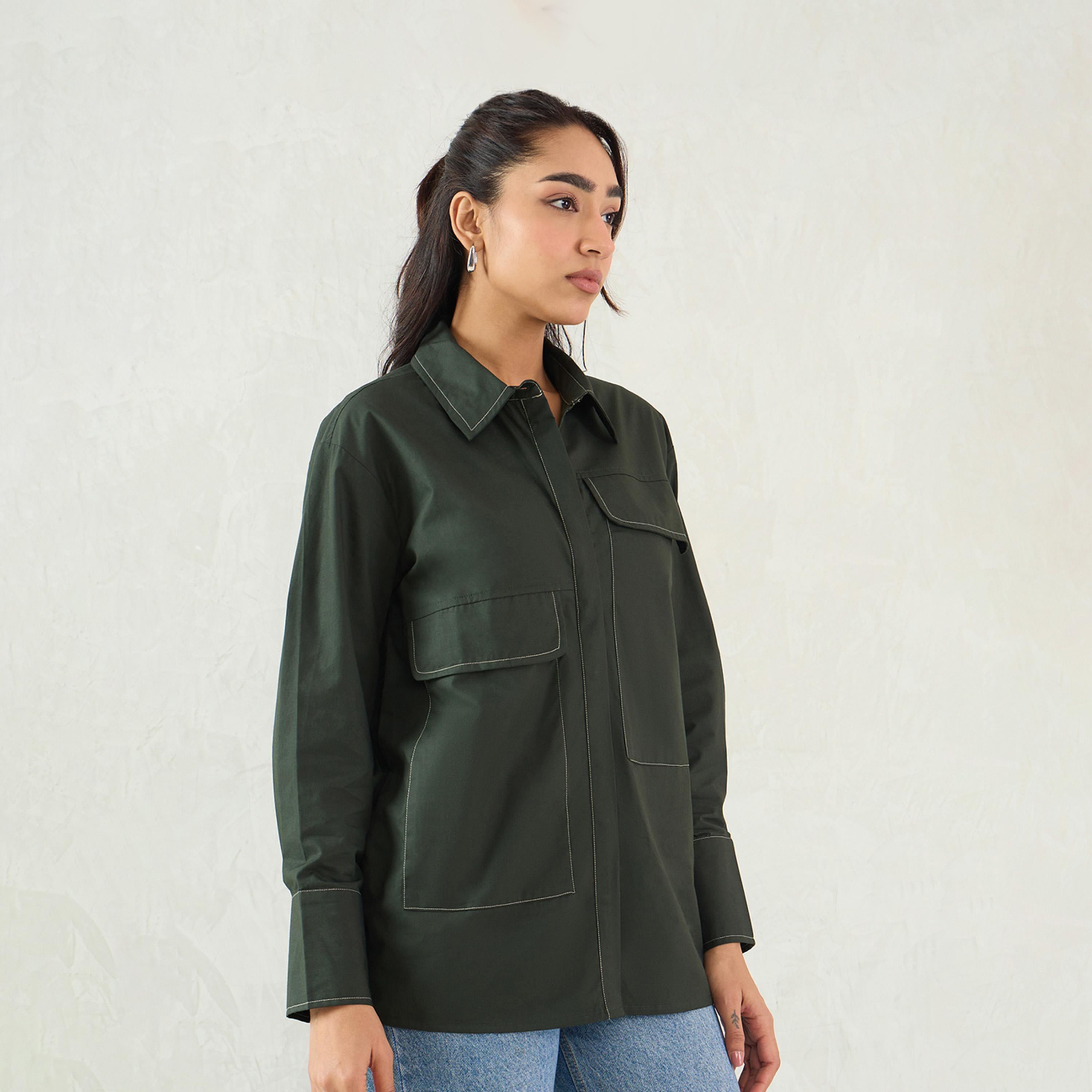 فيميلا × ستايلي - قميص بوبلين بتفاصيل غرزة - زيتي-women-clothing-shirtsandblouses-shirts-image-3