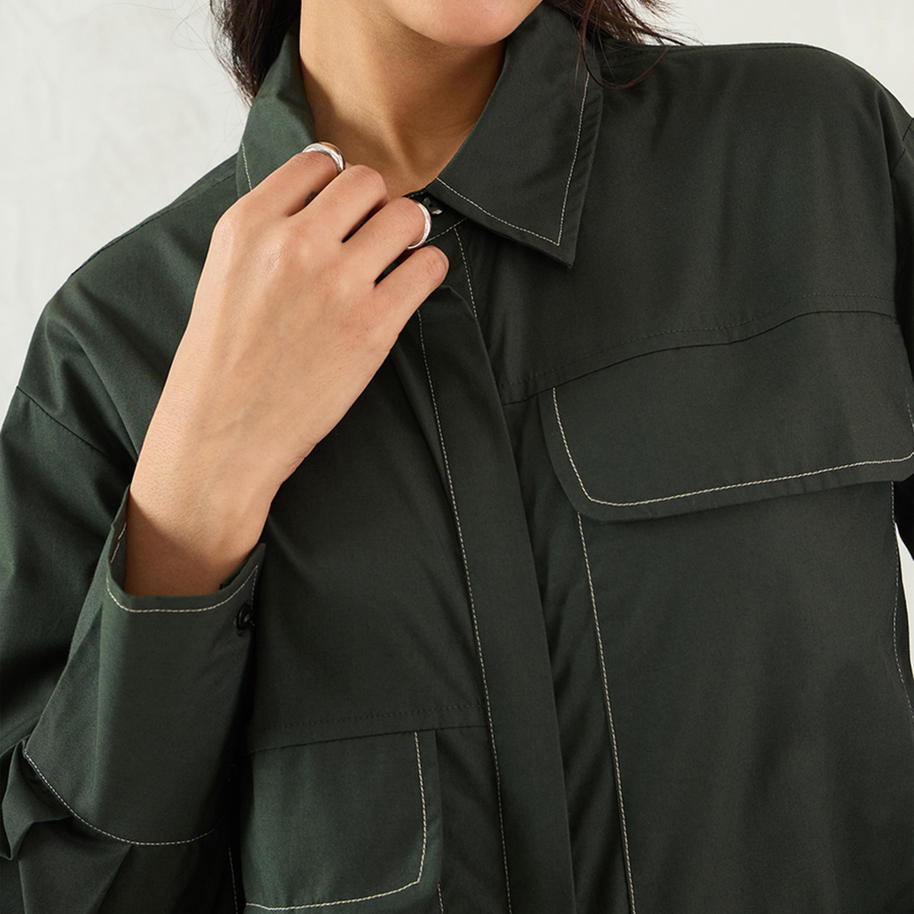 فيميلا × ستايلي - قميص بوبلين بتفاصيل غرزة - زيتي-women-clothing-shirtsandblouses-shirts-image-4