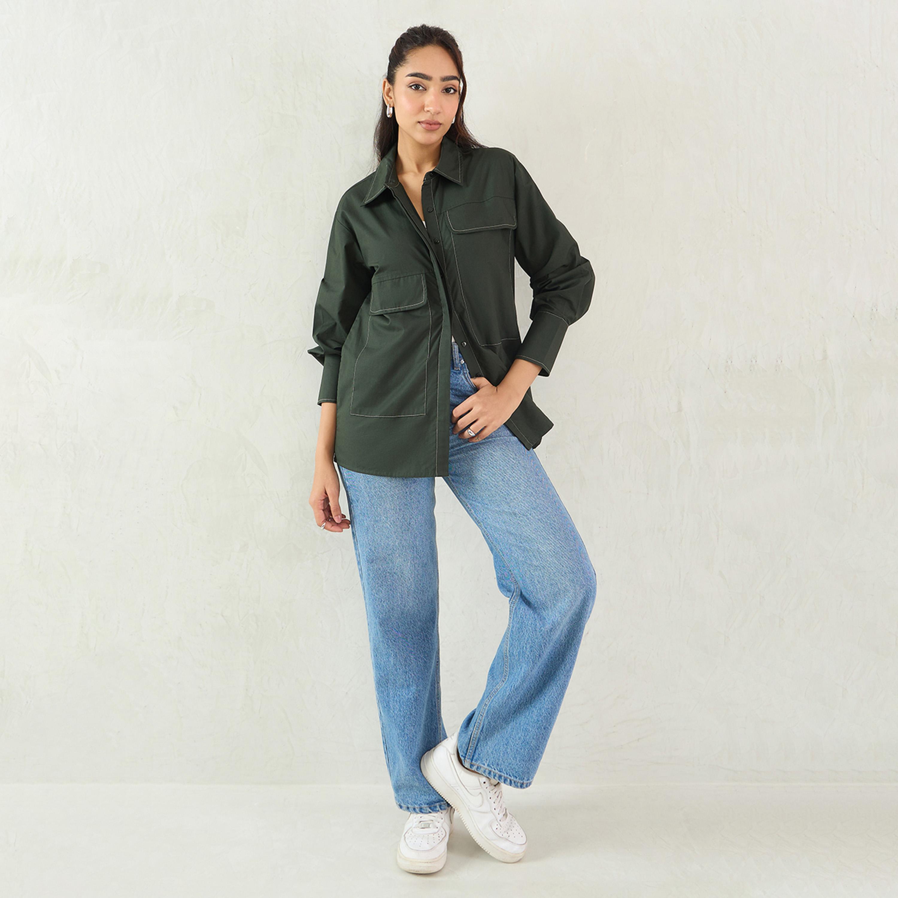 فيميلا × ستايلي - قميص بوبلين بتفاصيل غرزة - زيتي-women-clothing-shirtsandblouses-shirts-image-5