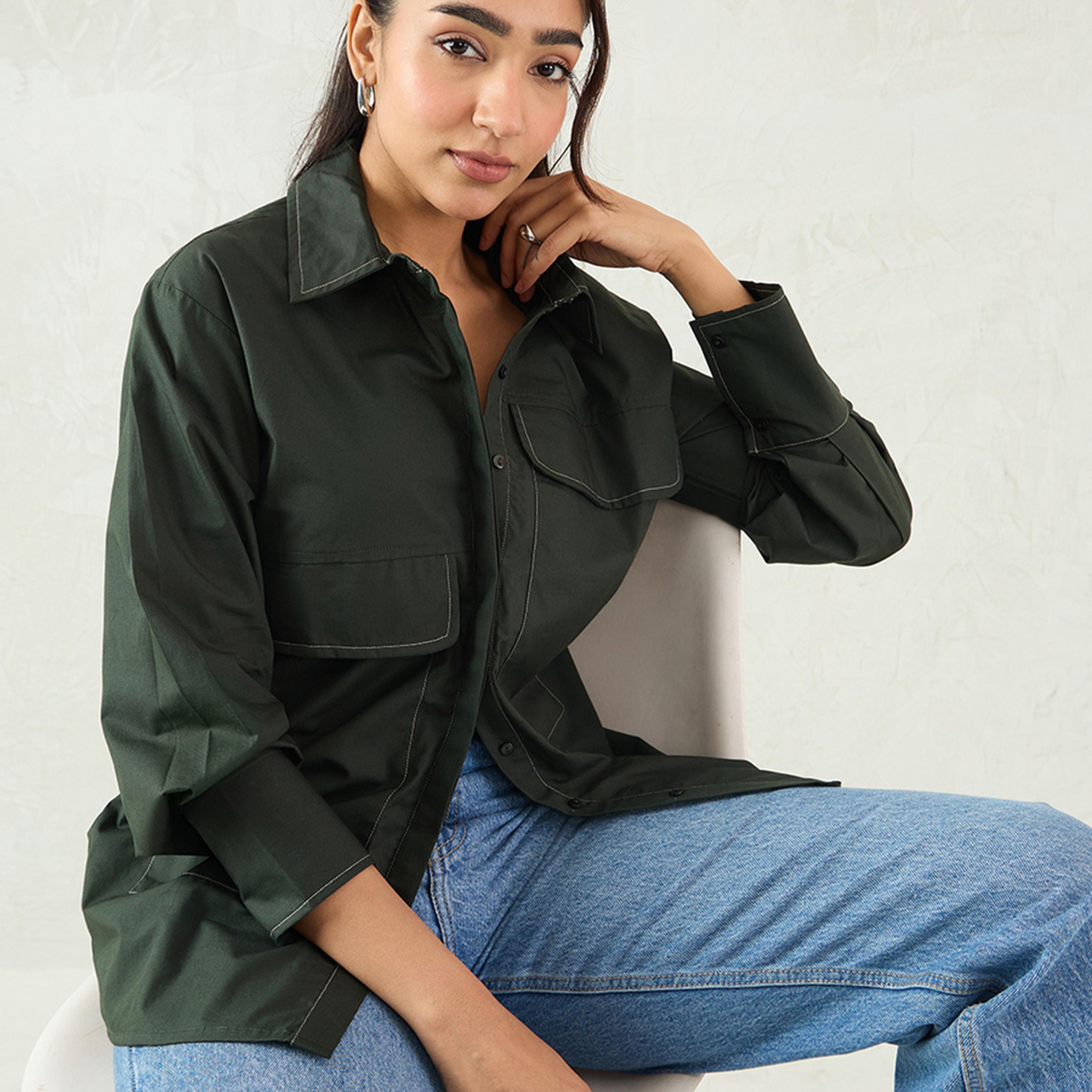 فيميلا × ستايلي - قميص بوبلين بتفاصيل غرزة - زيتي-women-clothing-shirtsandblouses-shirts-image-6