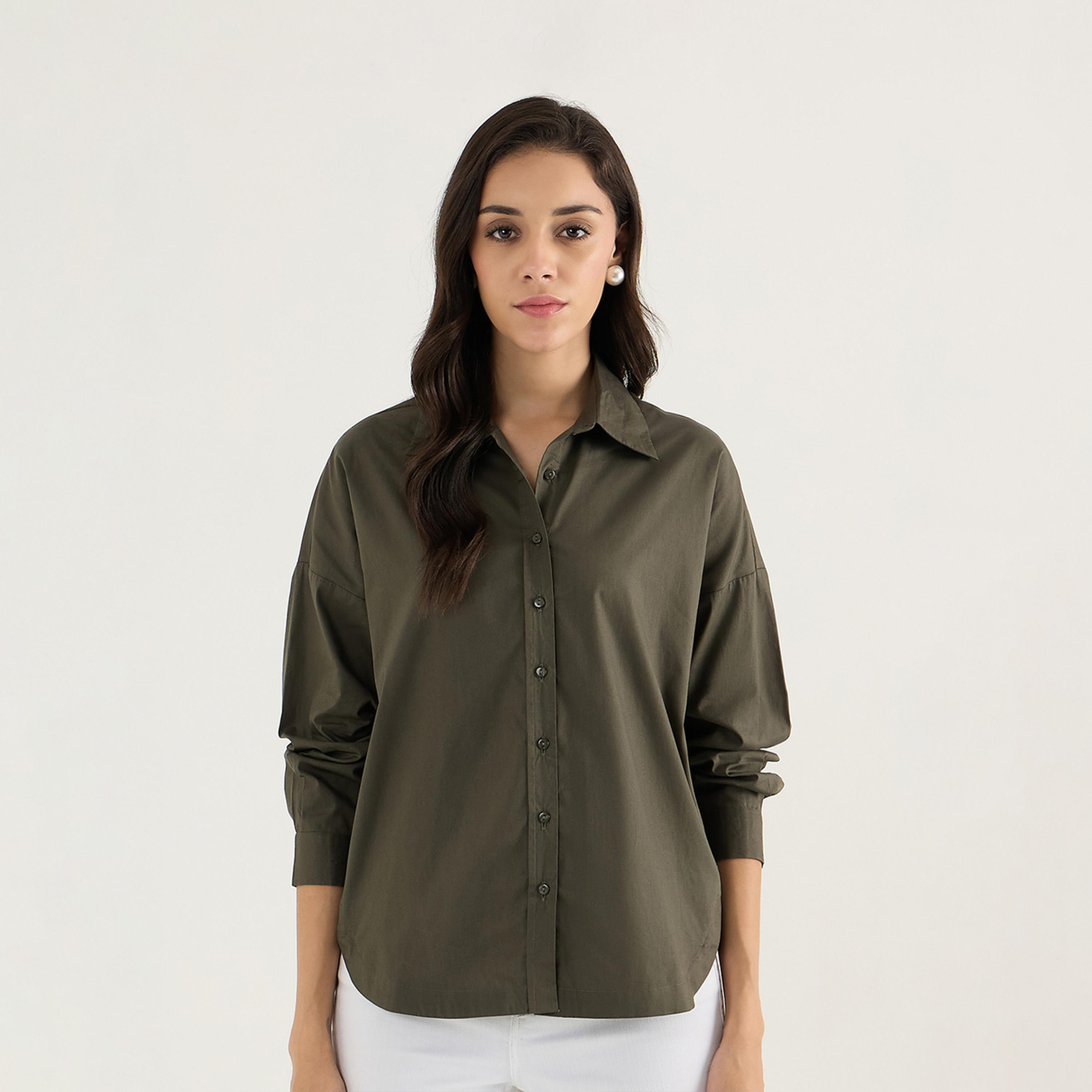 Femmella X Styli Olive Back Pleat Detail Poplin Shirt-women-clothing-shirtsandblouses-shirts-image-1