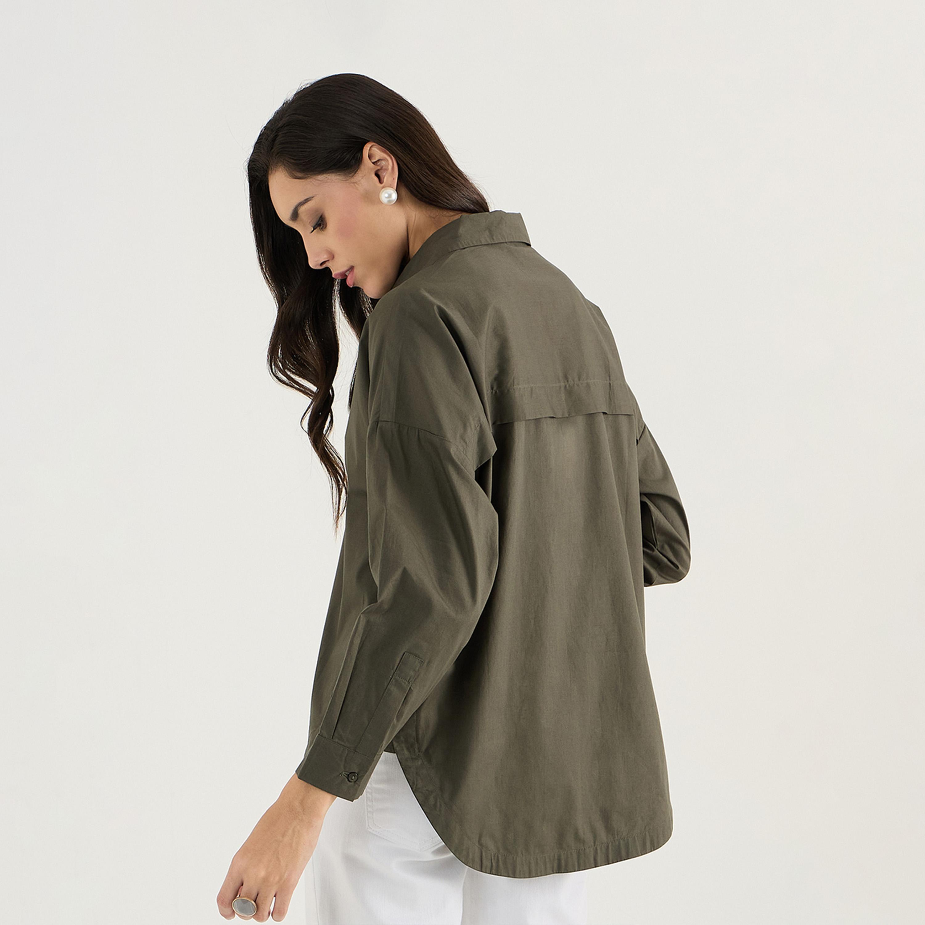 فيميلا × ستايلي - قميص بوبلين بتفاصيل طيات الظهر - زيتي-women-clothing-shirtsandblouses-shirts-image-2