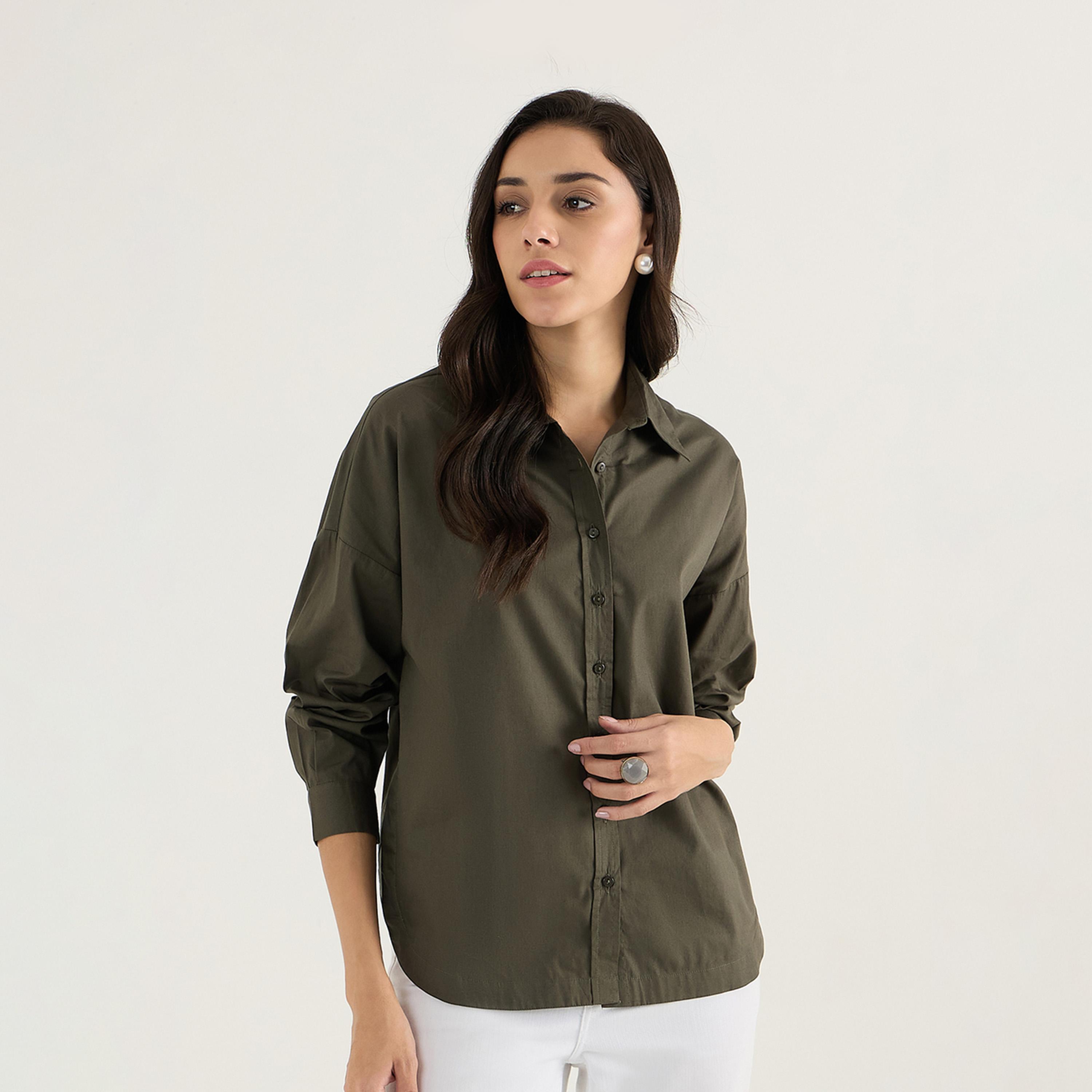 فيميلا × ستايلي - قميص بوبلين بتفاصيل طيات الظهر - زيتي-women-clothing-shirtsandblouses-shirts-image-3