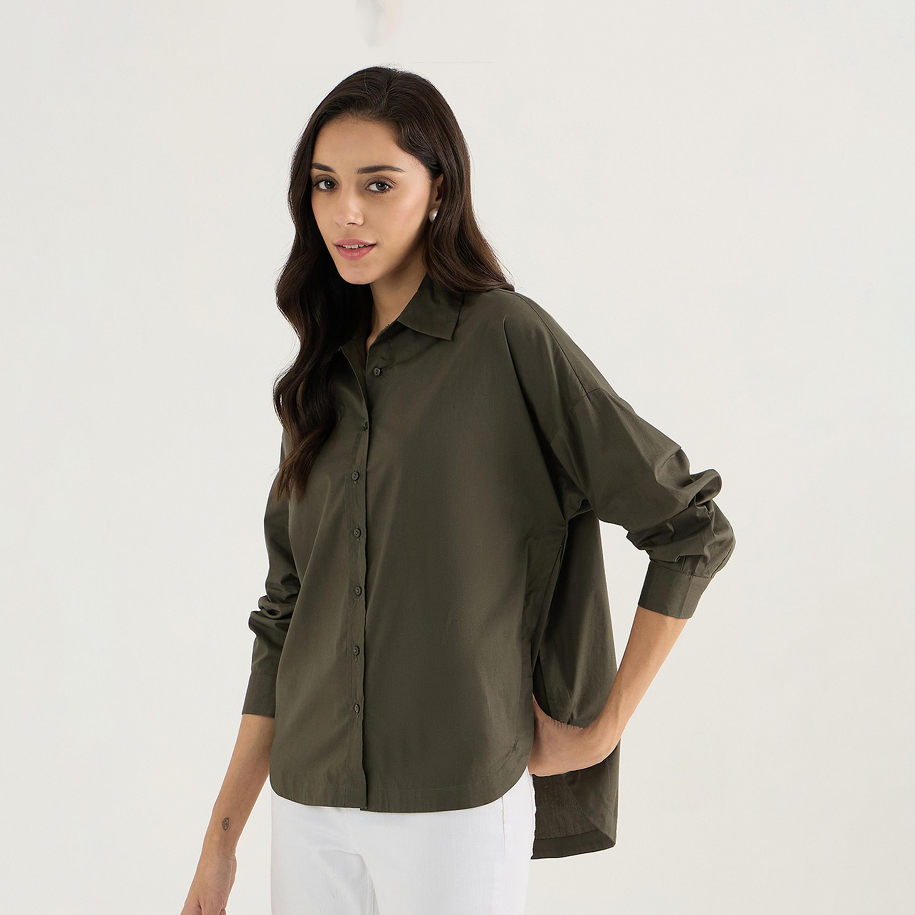 فيميلا × ستايلي - قميص بوبلين بتفاصيل طيات الظهر - زيتي-women-clothing-shirtsandblouses-shirts-image-4