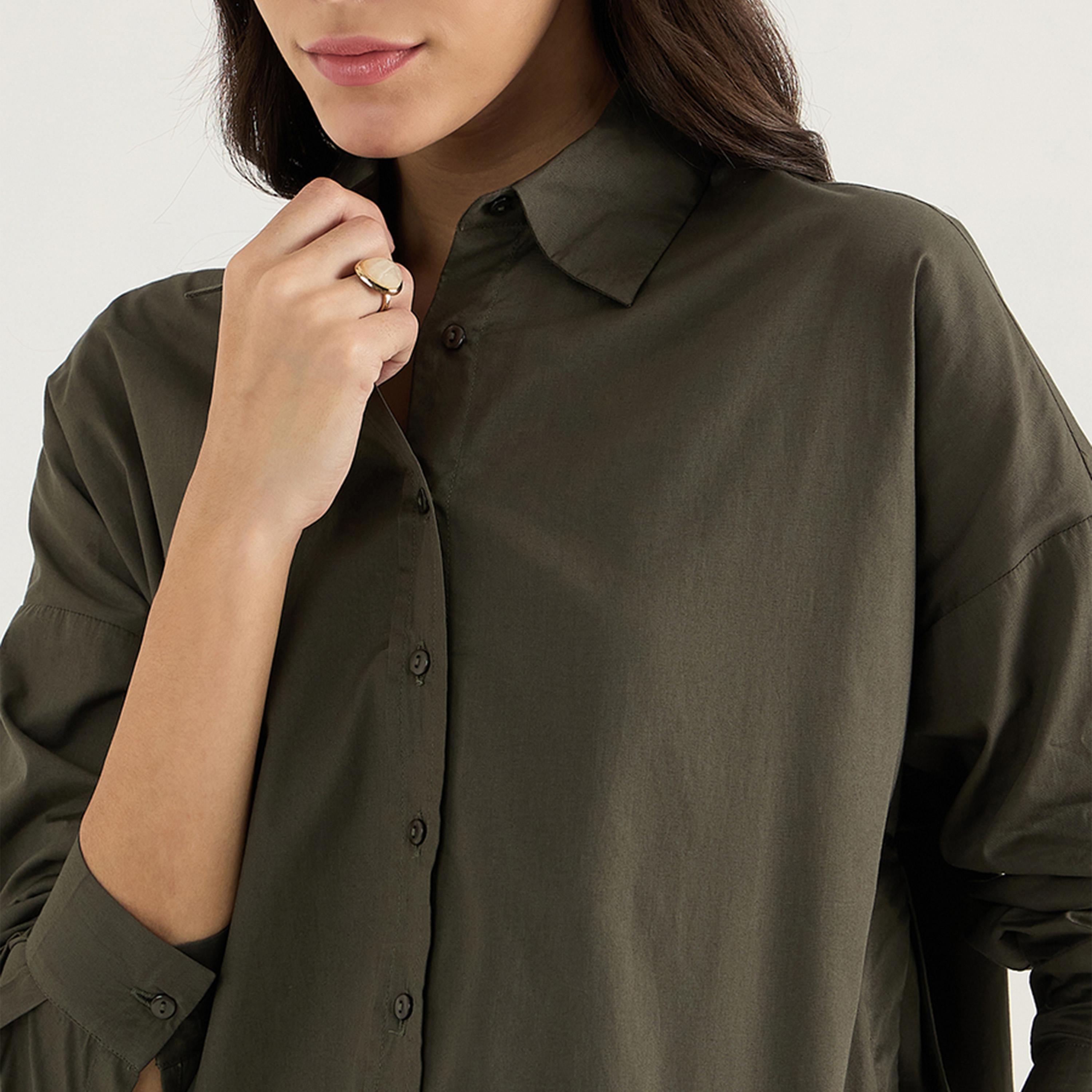 Femmella X Styli Olive Back Pleat Detail Poplin Shirt-women-clothing-shirtsandblouses-shirts-image-5
