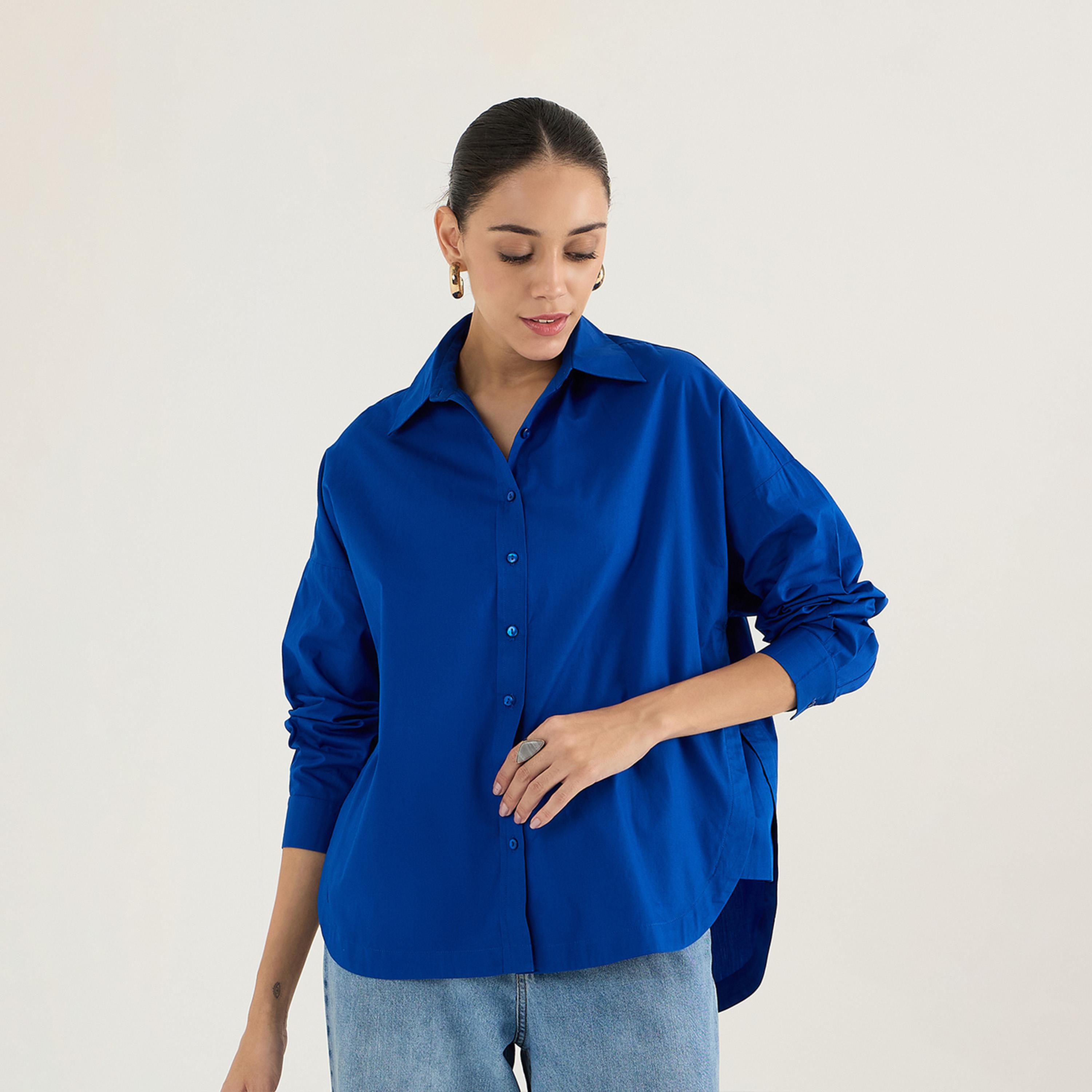 فيميلا × ستايلي - قميص بوبلين باللون الأزرق الملكي مع تفاصيل طيات خلفية-women-clothing-shirtsandblouses-shirts-image-1