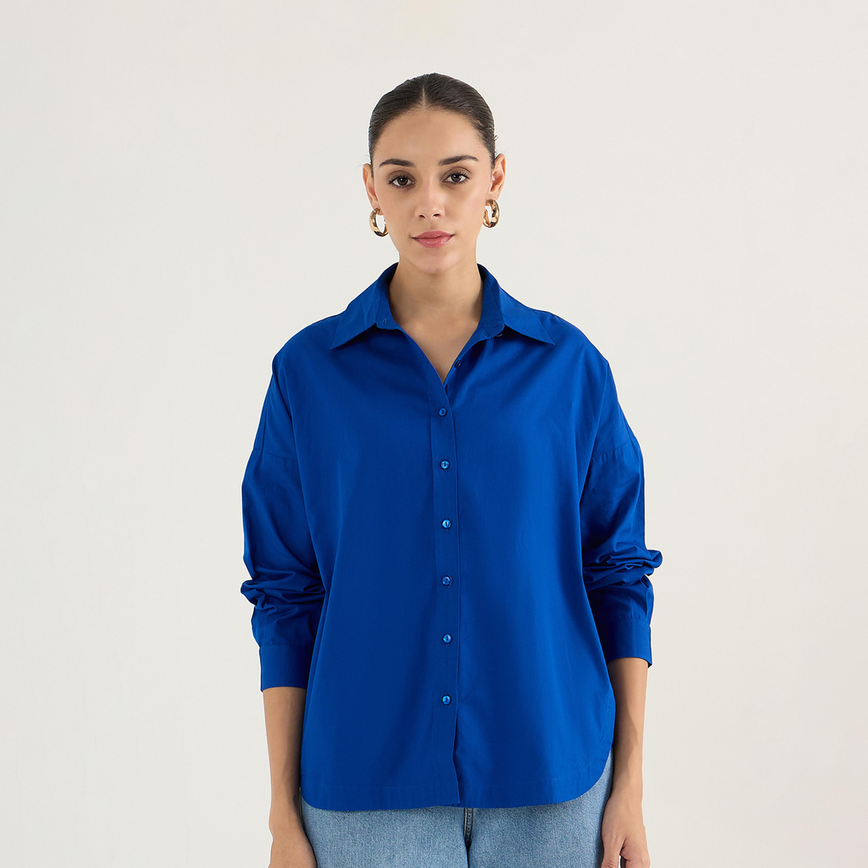Femmella X Styli Royal Blue Back Pleat Detail Poplin Shirt-women-clothing-shirtsandblouses-shirts-image-3