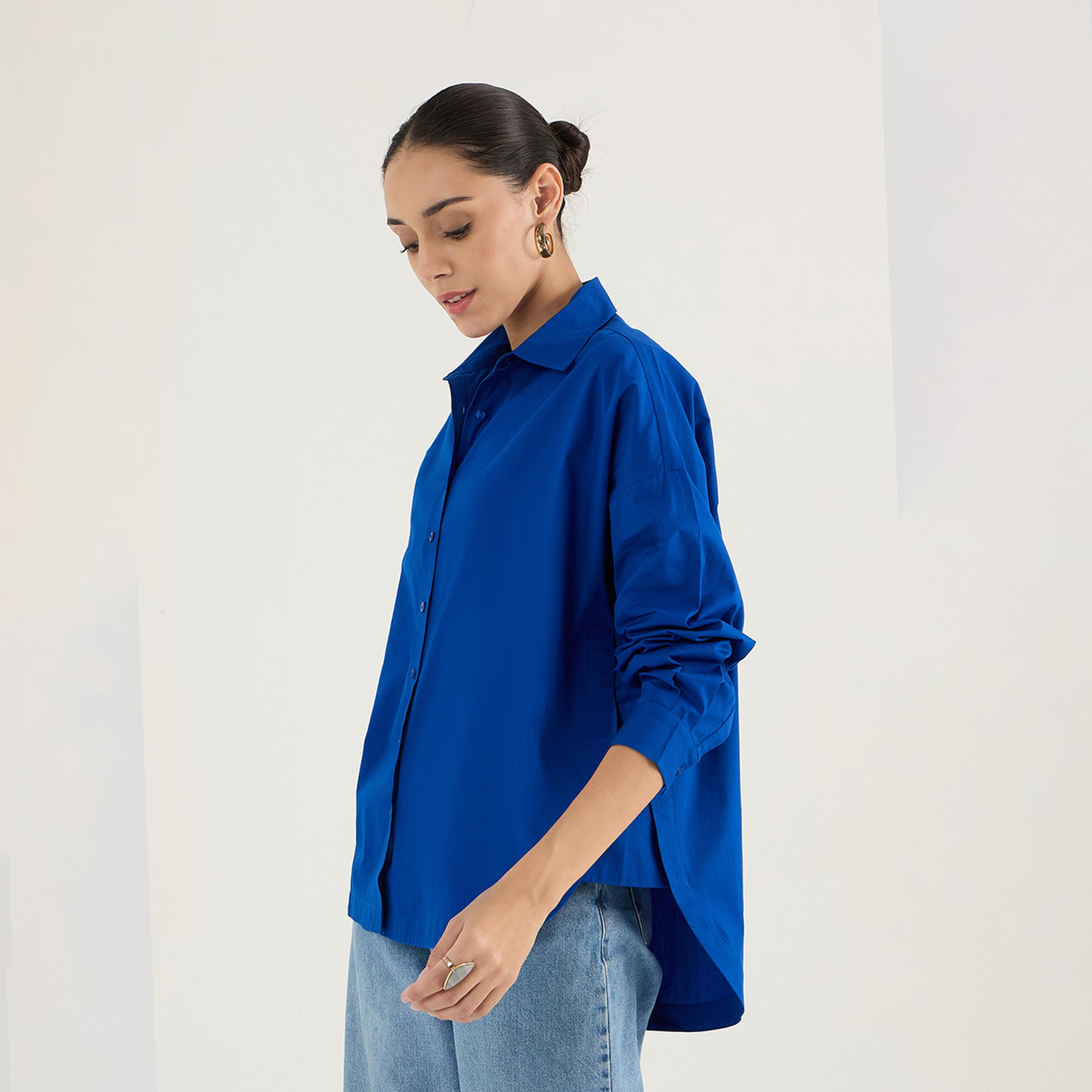Femmella X Styli Royal Blue Back Pleat Detail Poplin Shirt-women-clothing-shirtsandblouses-shirts-image-4