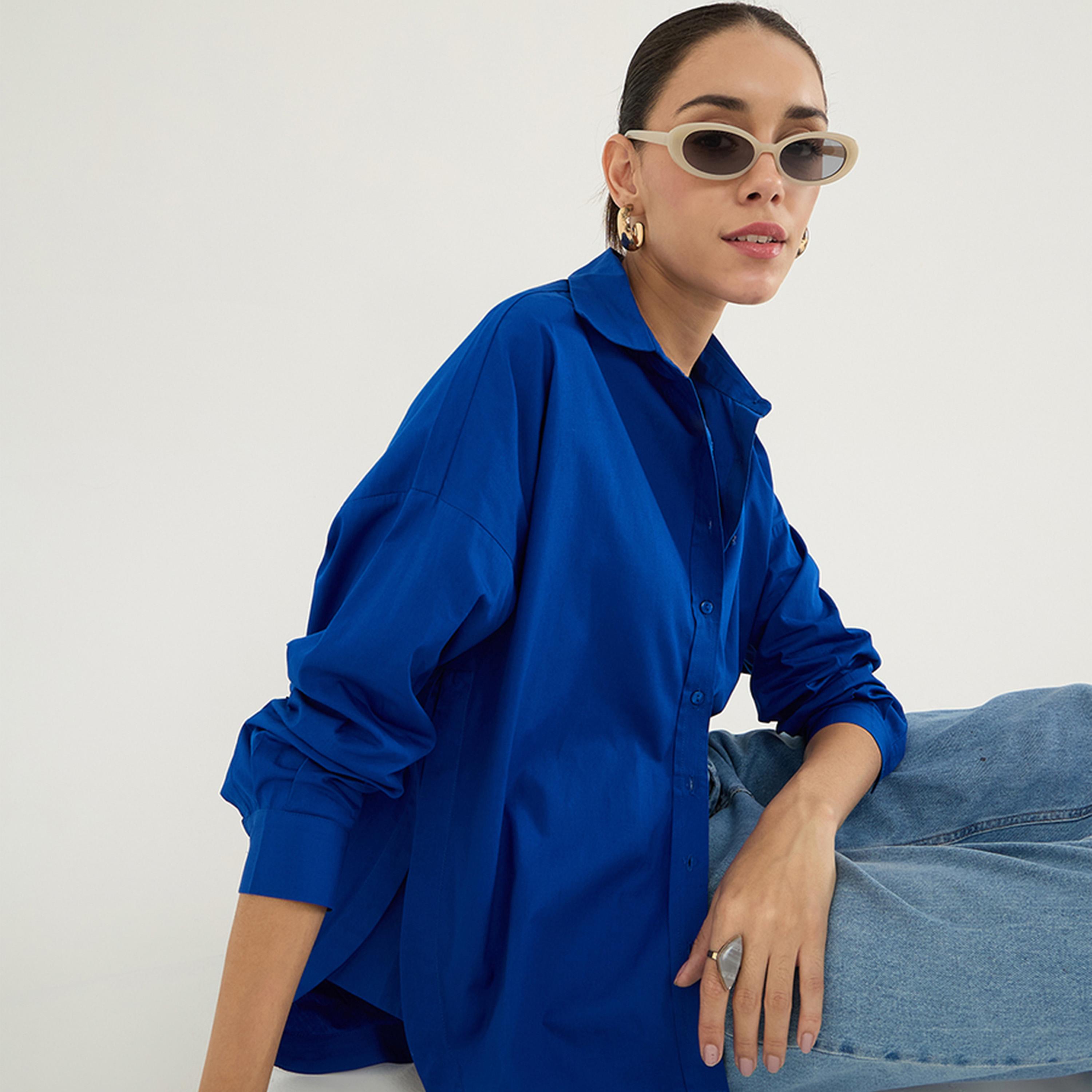 Femmella X Styli Royal Blue Back Pleat Detail Poplin Shirt-women-clothing-shirtsandblouses-shirts-image-8