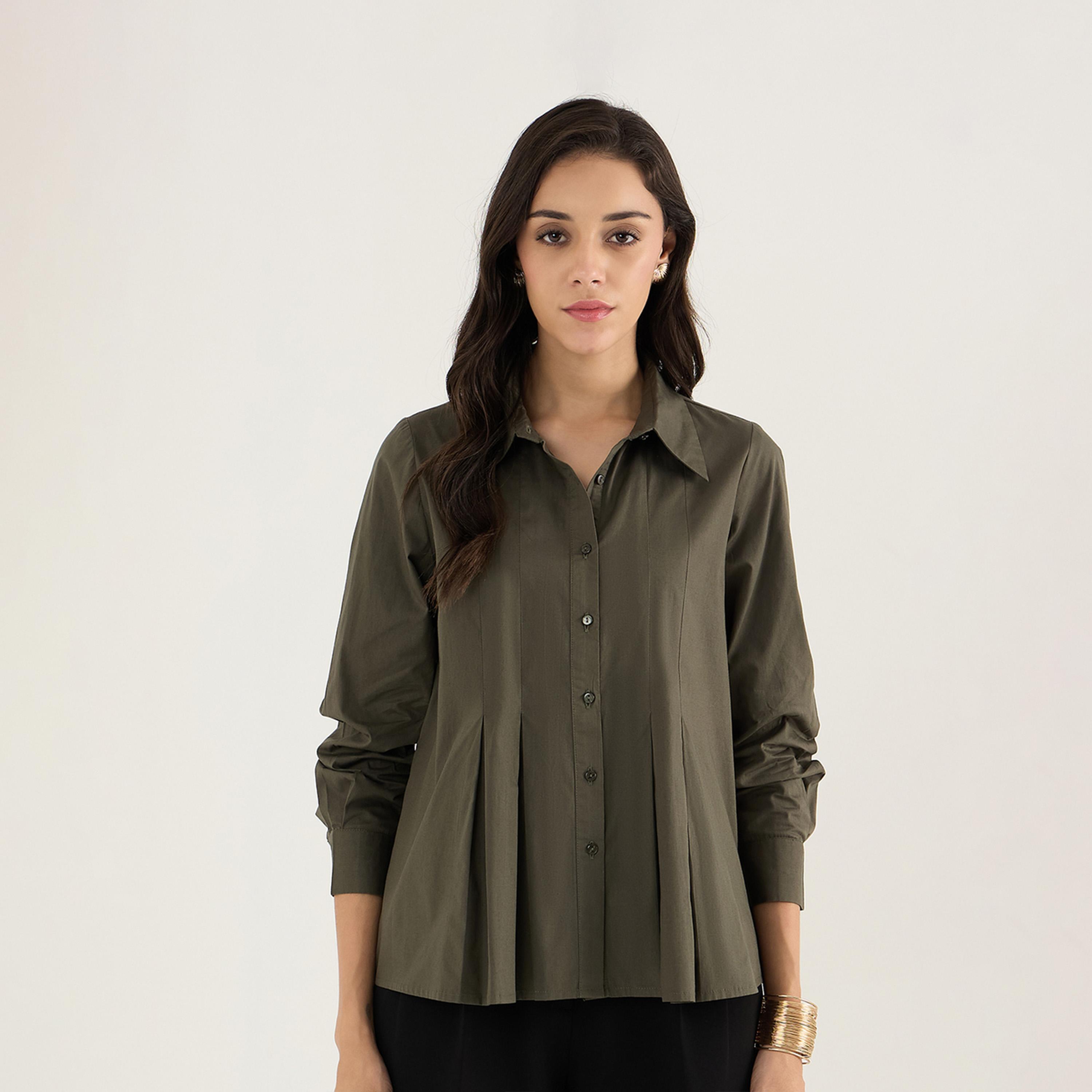 فيميلا × ستايلي - قميص من قماش البوبلين المطوي - زيتي-women-clothing-shirtsandblouses-shirts-image-1