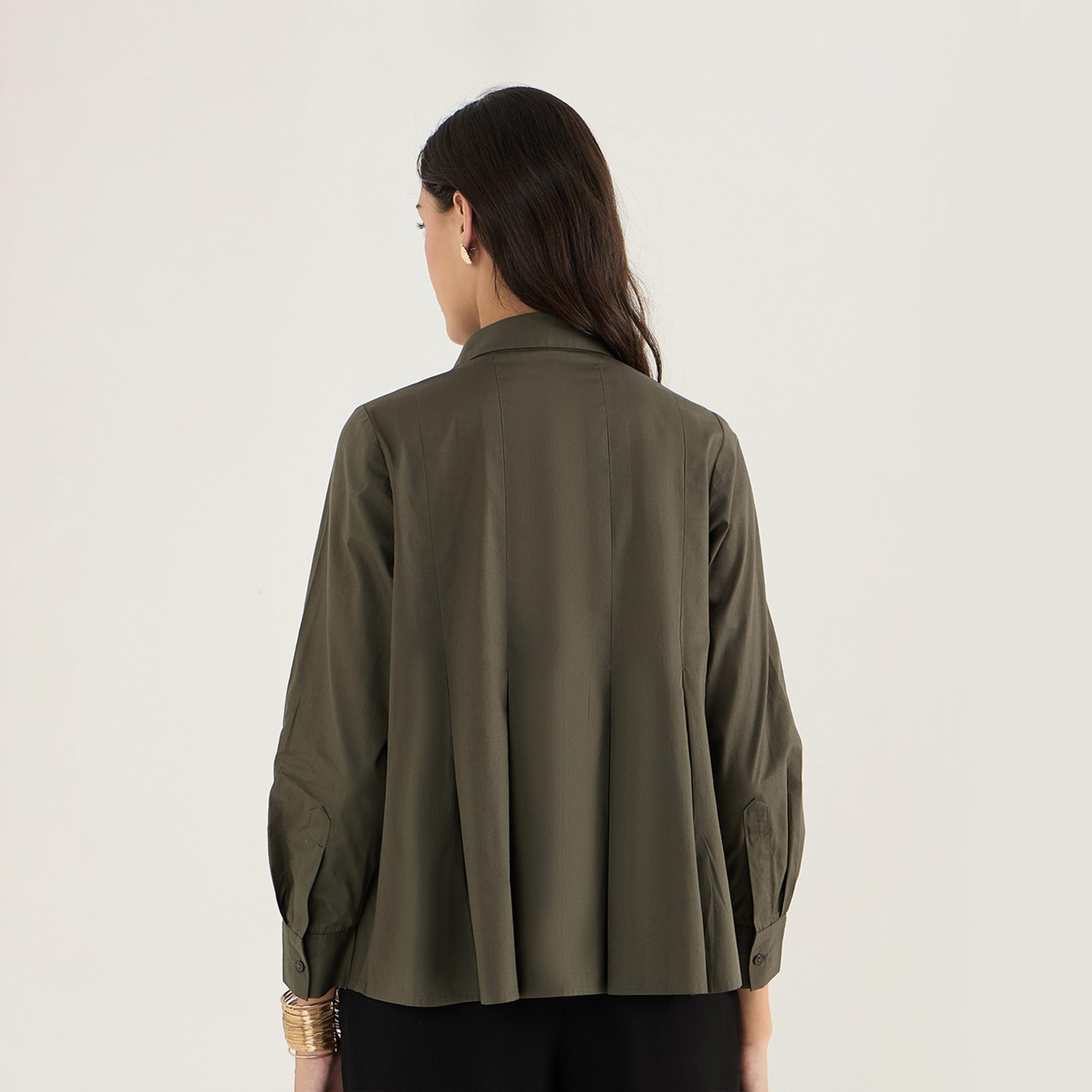 فيميلا × ستايلي - قميص من قماش البوبلين المطوي - زيتي-women-clothing-shirtsandblouses-shirts-image-2