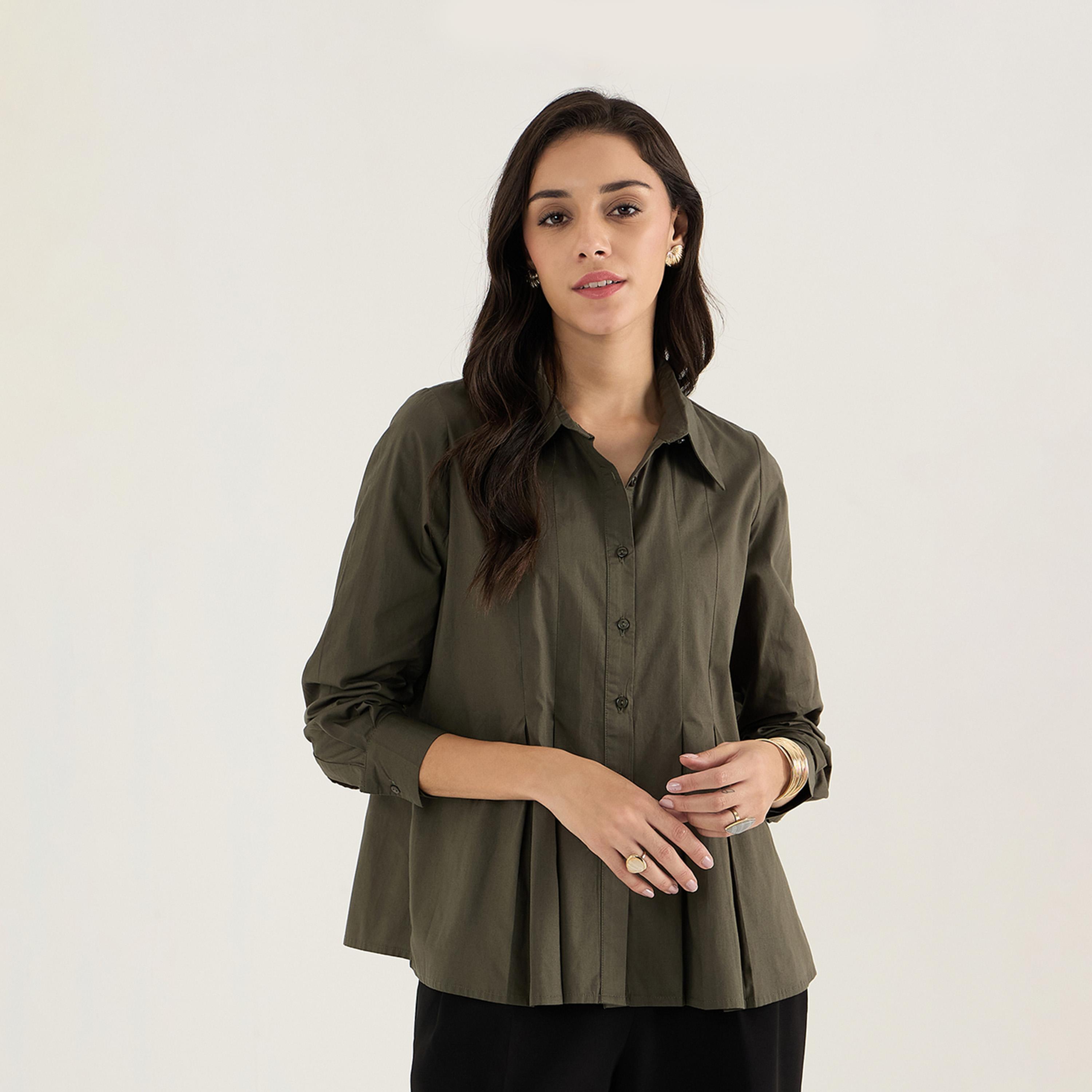 فيميلا × ستايلي - قميص من قماش البوبلين المطوي - زيتي-women-clothing-shirtsandblouses-shirts-image-3