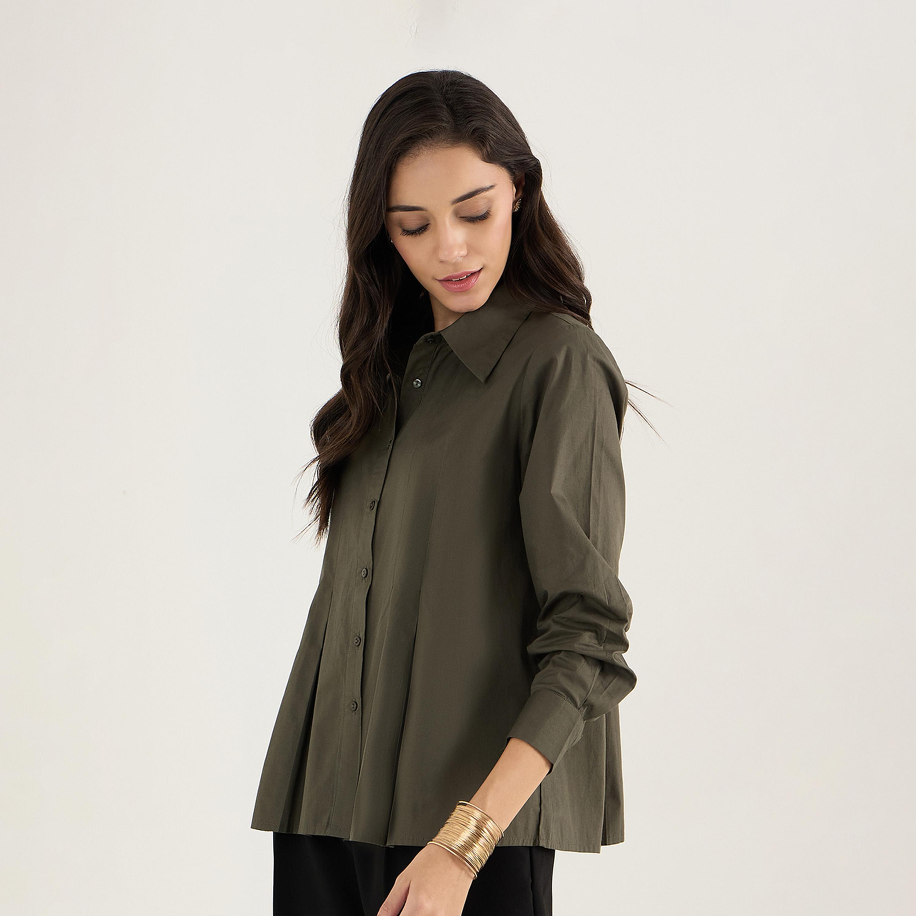 فيميلا × ستايلي - قميص من قماش البوبلين المطوي - زيتي-women-clothing-shirtsandblouses-shirts-image-4