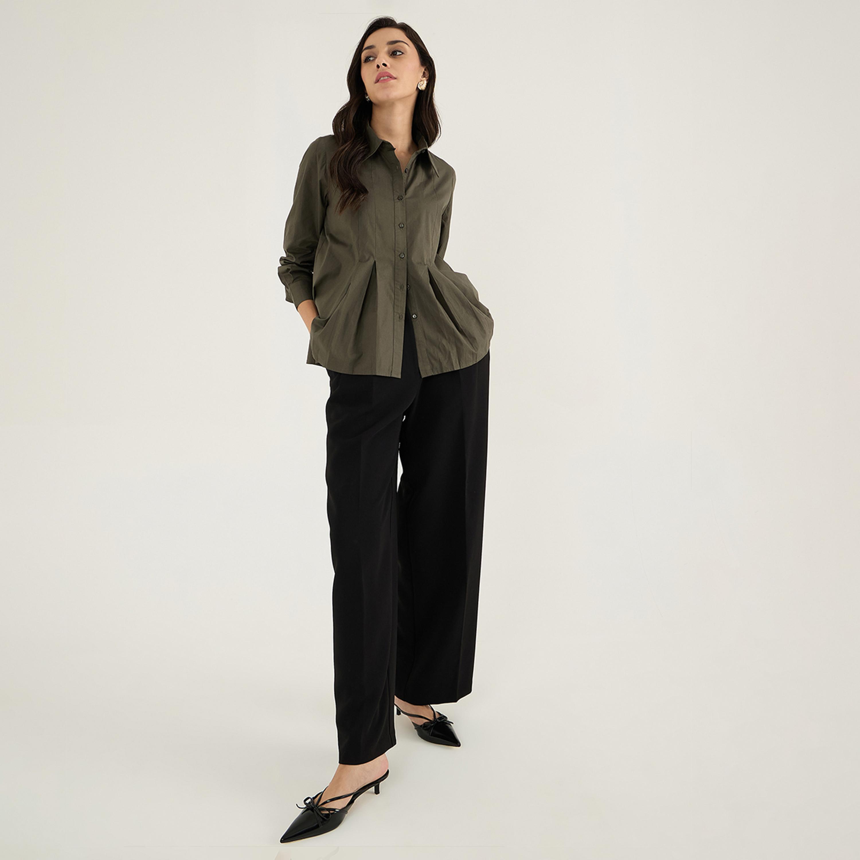 فيميلا × ستايلي - قميص من قماش البوبلين المطوي - زيتي-women-clothing-shirtsandblouses-shirts-image-7