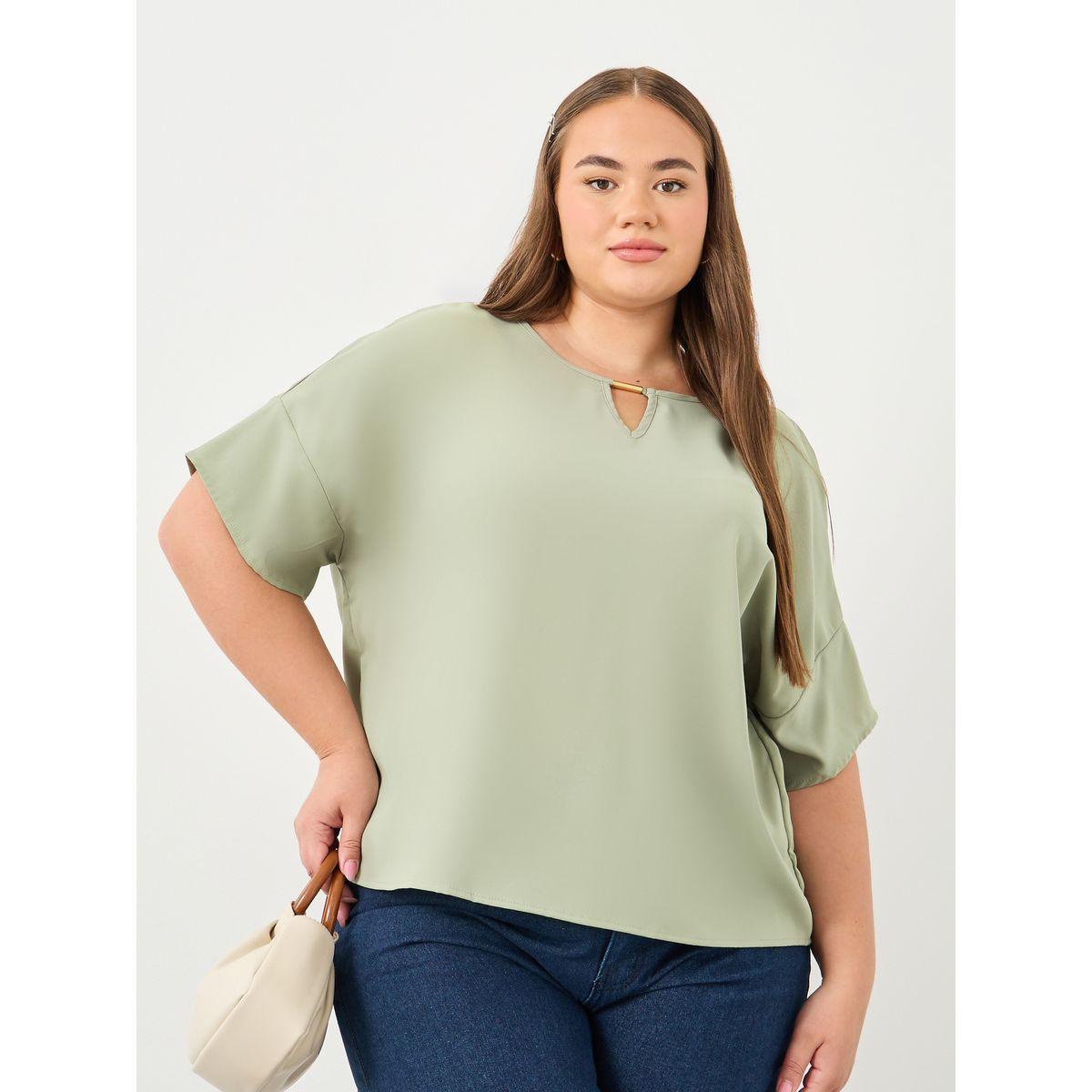 Styli Plus Green Blouse with Keyhole Neck-women-clothing-shirtsandblouses-blouses-image-1