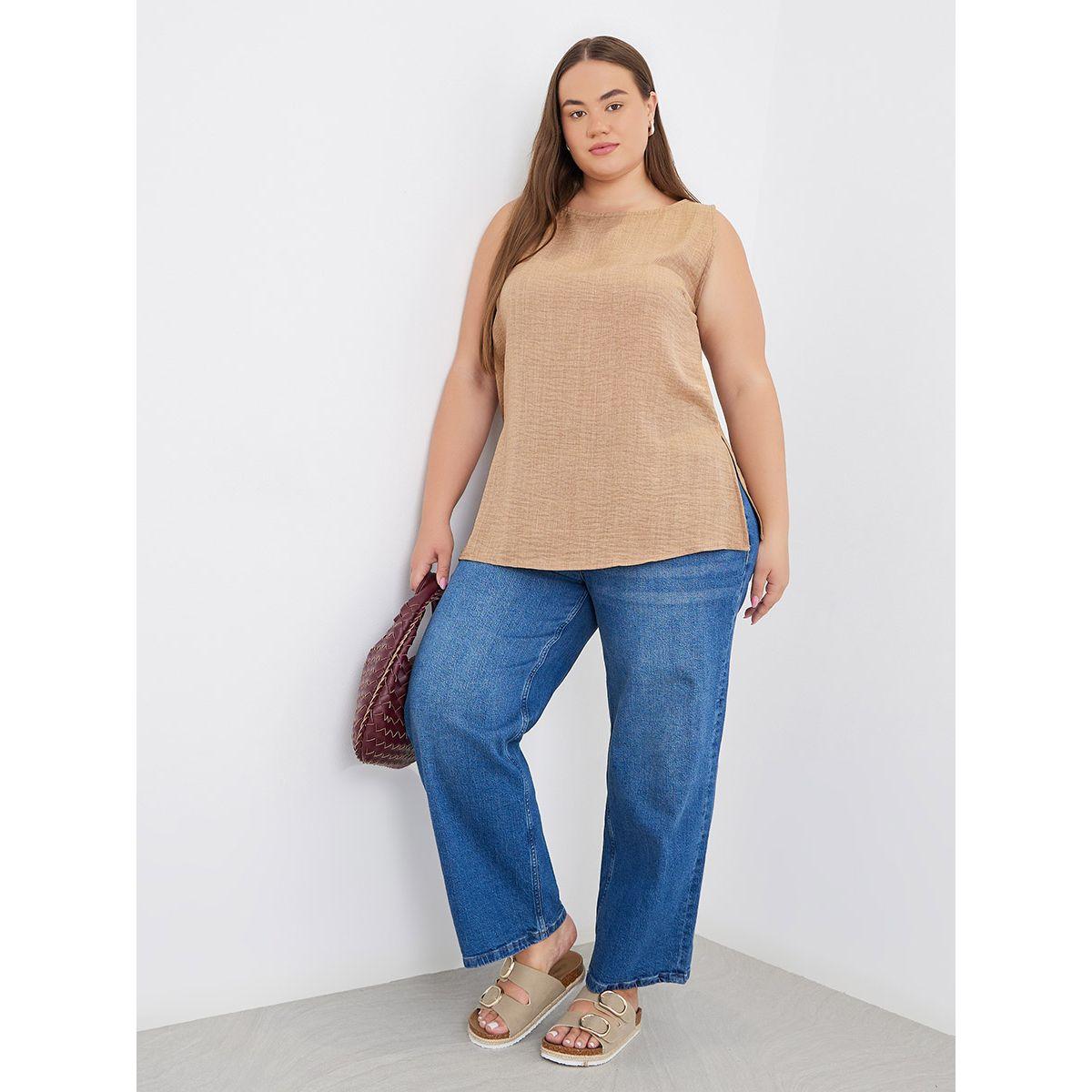 Styli Plus Brown Longline Blouse with Slit Hem-women-clothing-shirtsandblouses-blouses-image-2