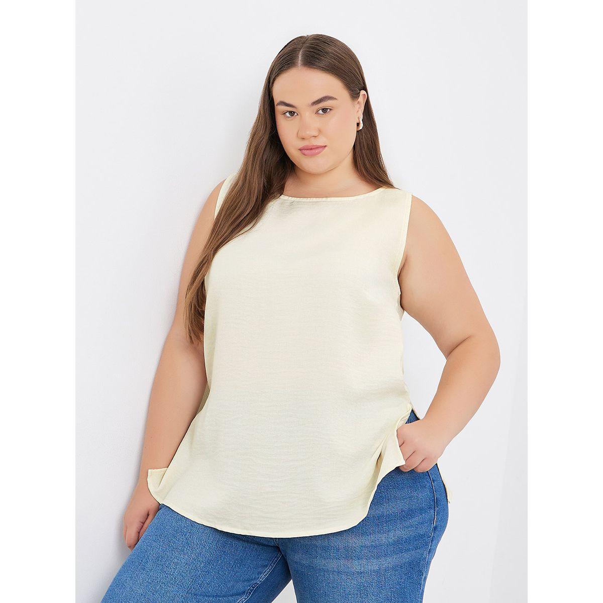 Styli Plus Cream Longline Blouse with Slit Hem-women-clothing-shirtsandblouses-blouses-image-1