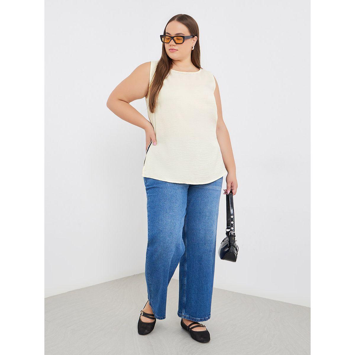 Styli Plus Cream Longline Blouse with Slit Hem-women-clothing-shirtsandblouses-blouses-image-2