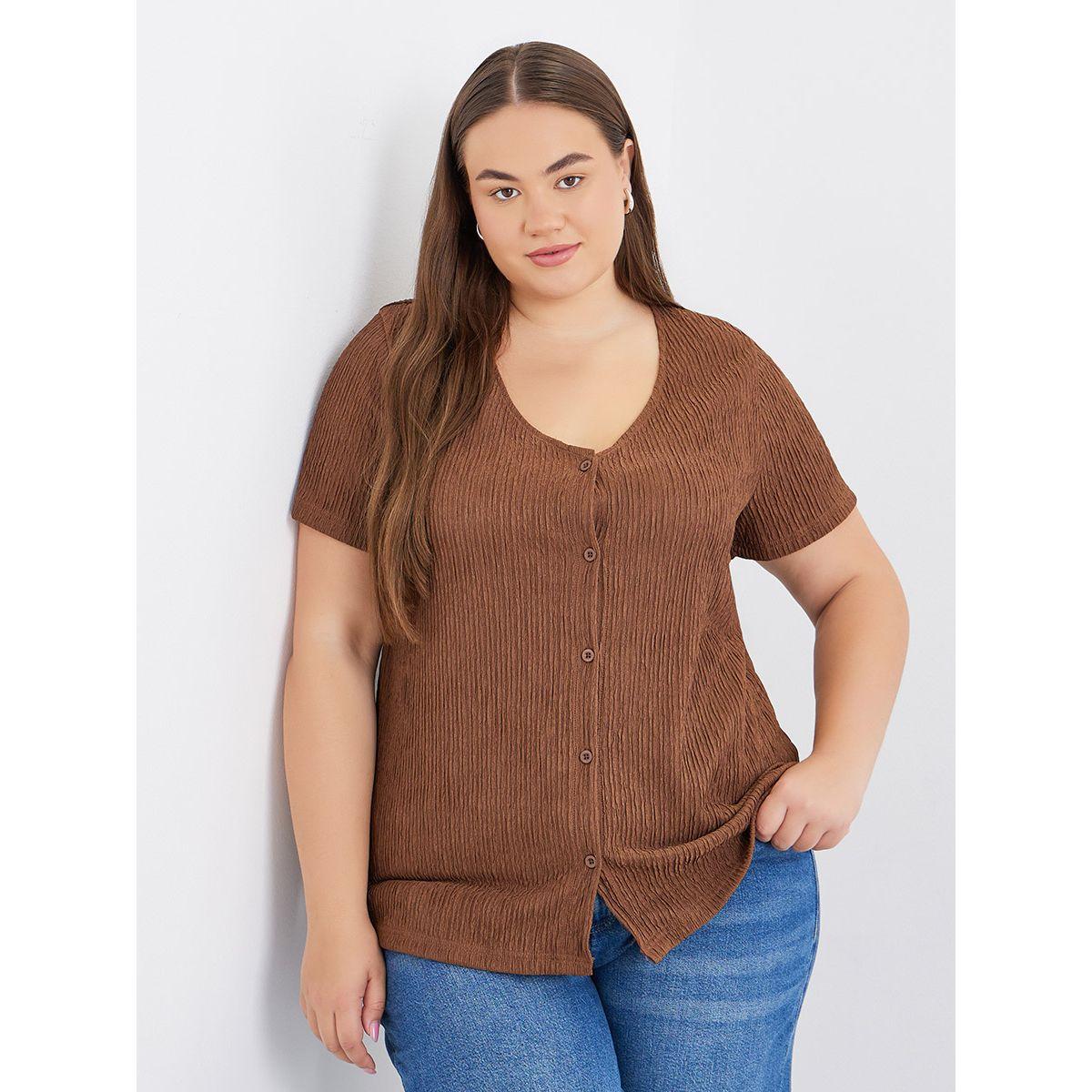 Styli Plus Brown Textured Blouse with Front Button-women-clothing-shirtsandblouses-blouses-image-1