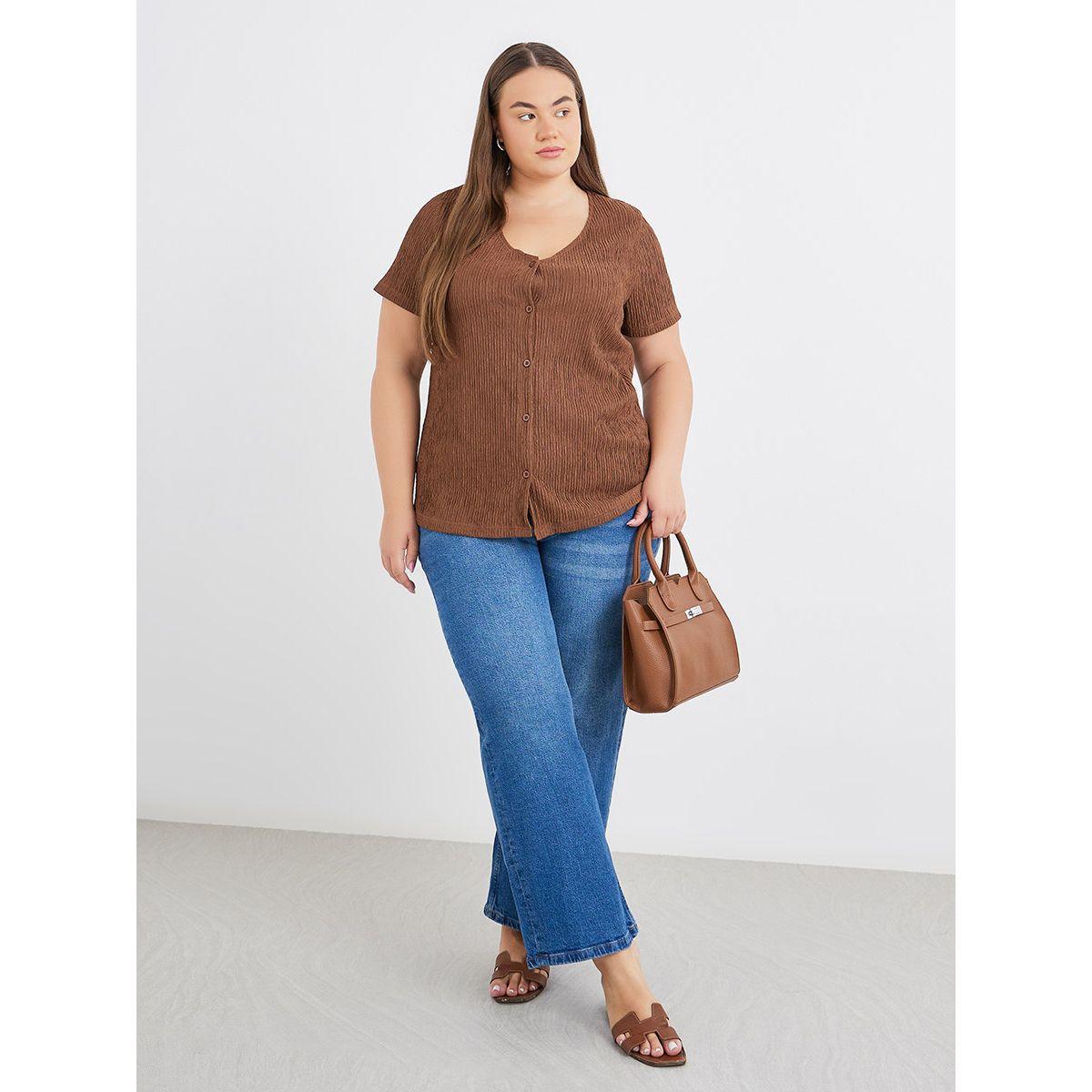 Styli Plus Brown Textured Blouse with Front Button-women-clothing-shirtsandblouses-blouses-image-2
