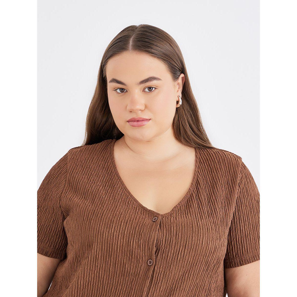 Styli Plus Brown Textured Blouse with Front Button-women-clothing-shirtsandblouses-blouses-image-3