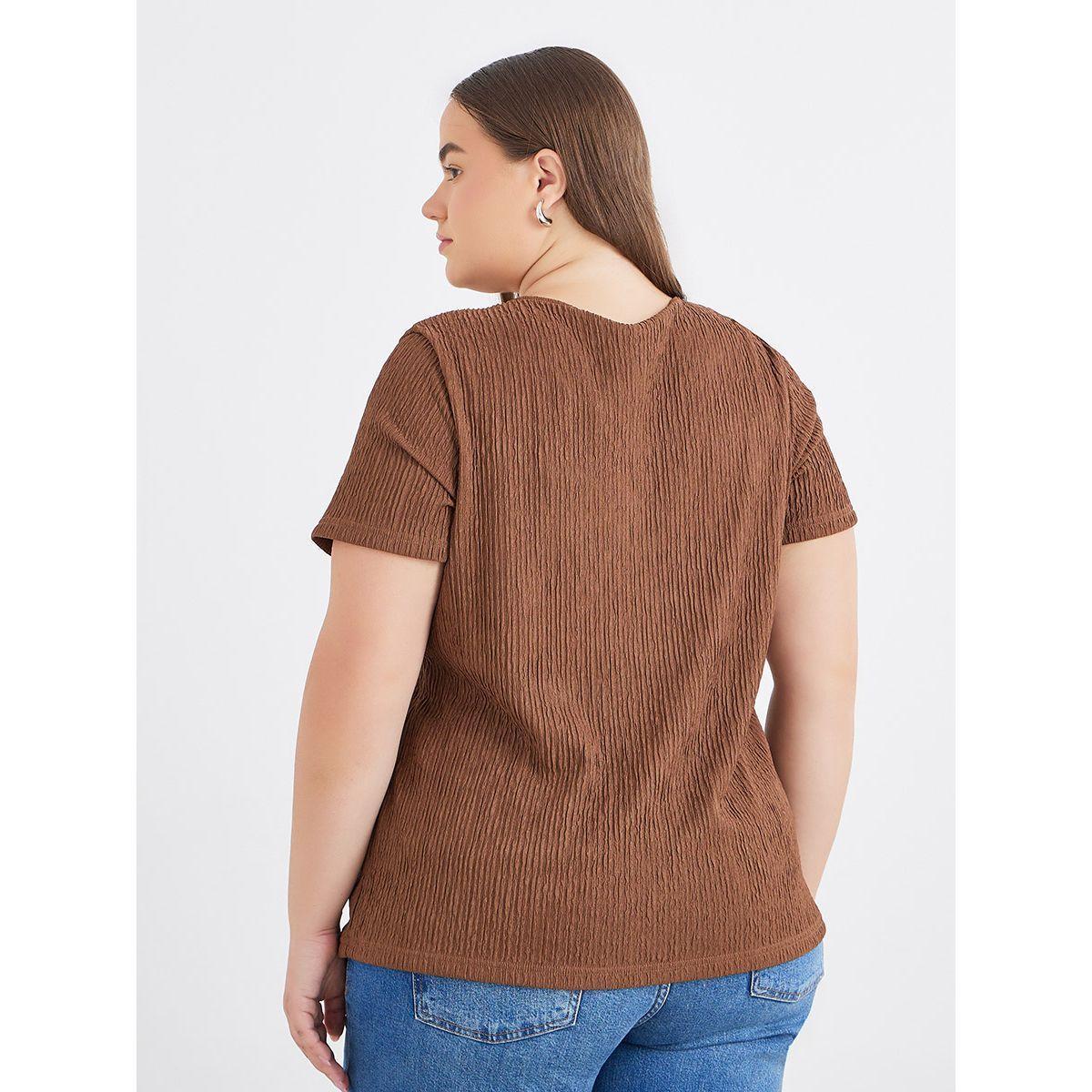 Styli Plus Brown Textured Blouse with Front Button-women-clothing-shirtsandblouses-blouses-image-4