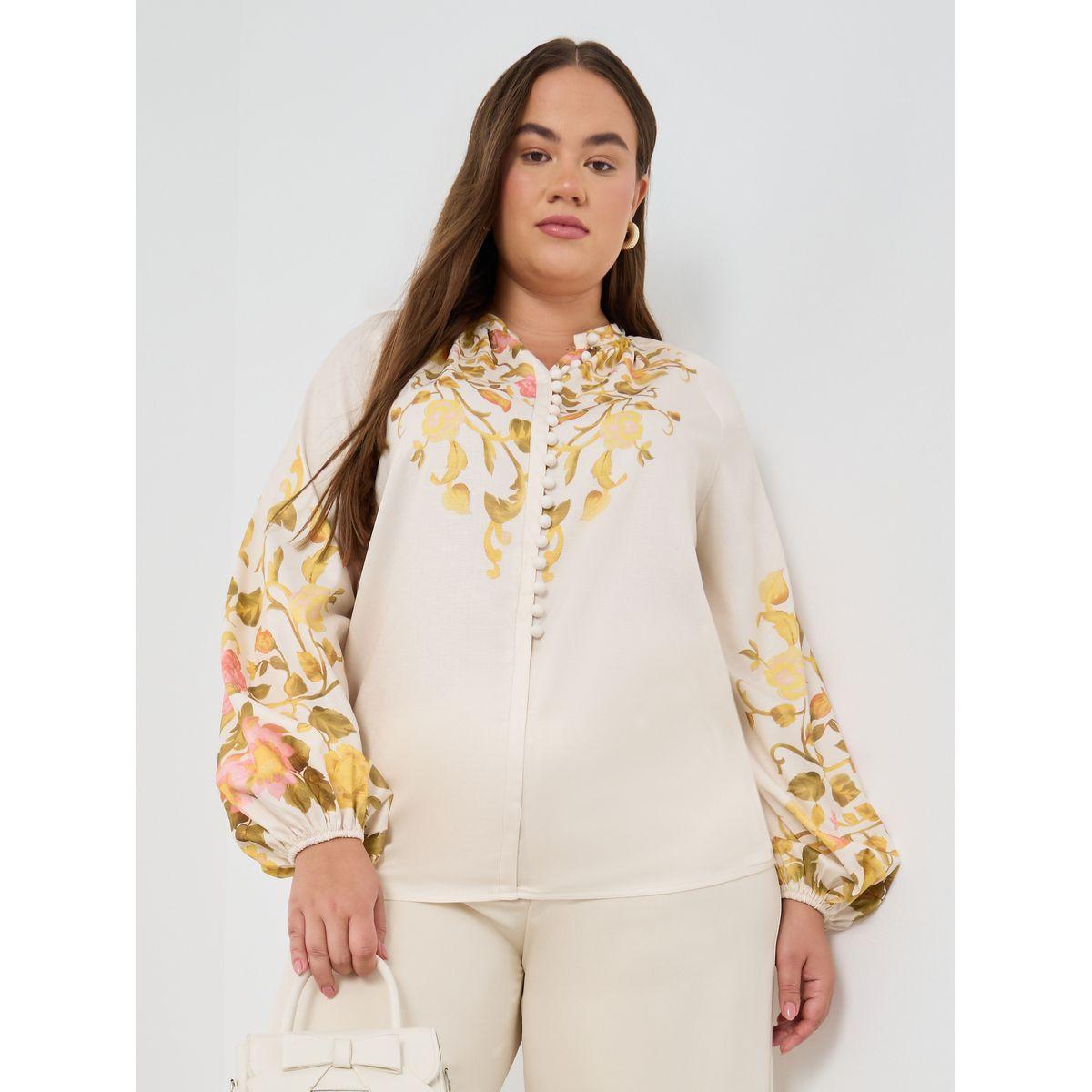 بلوزة بمقاس كبير وطبعة زهور مع أكمام بالون وأزرار-women-clothing-shirtsandblouses-shirts-image-1