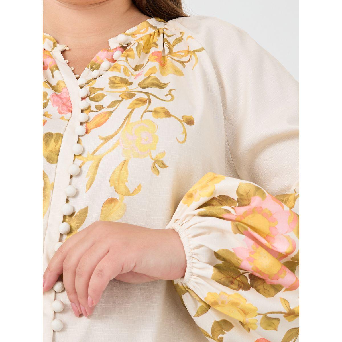 Styli Plus Size Floral Print Balloon Sleeve Shirt with Self-Covered Buttons-women-clothing-shirtsandblouses-shirts-image-3