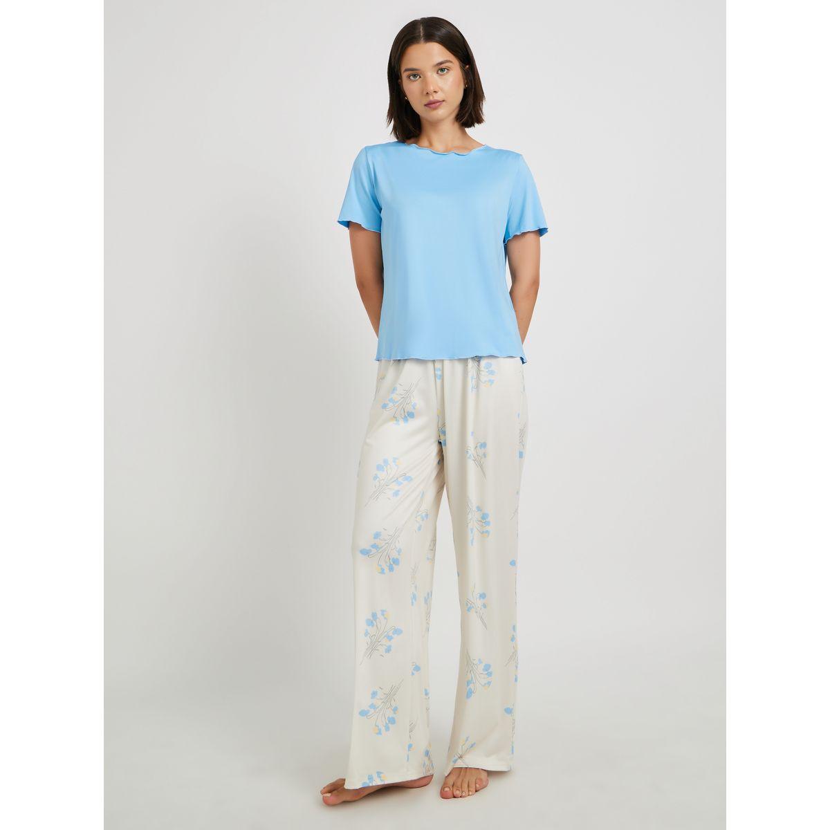 طقم بيجاما من بنطال وتيشيرت سادة بحافة خس-women-clothing-nightwear-pyjamas-longsets-image-1