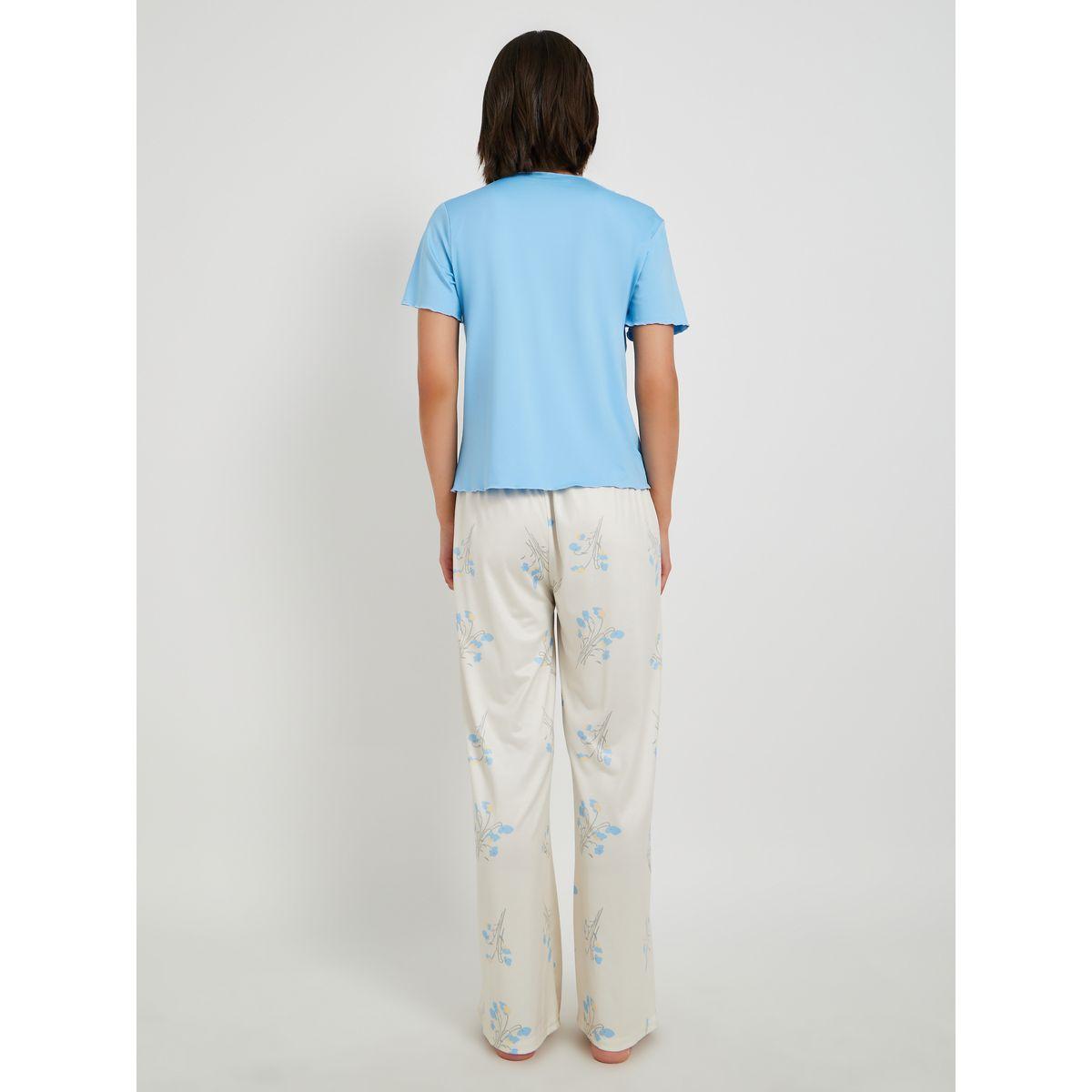طقم بيجاما من بنطال وتيشيرت سادة بحافة خس-women-clothing-nightwear-pyjamas-longsets-image-4