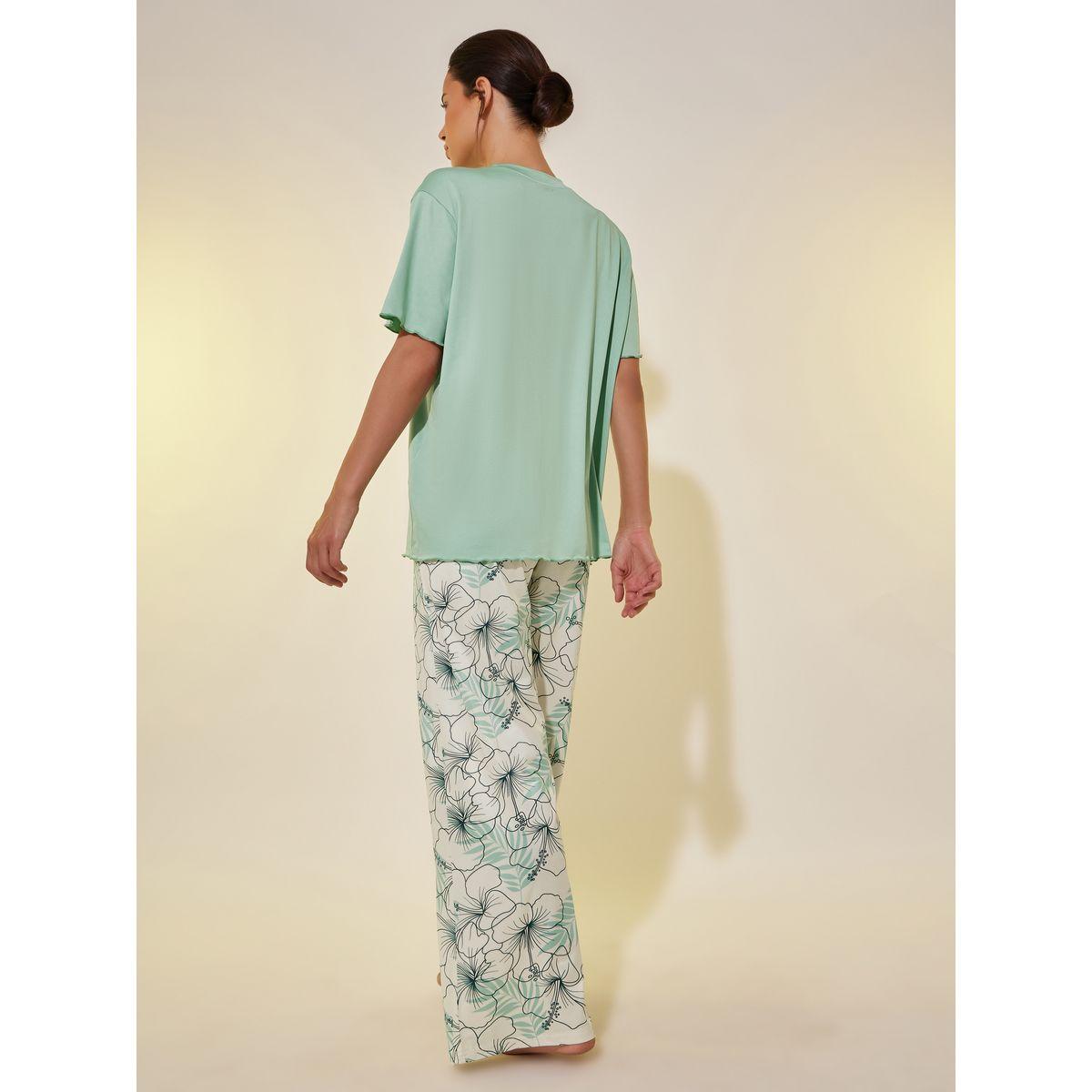 Styli Solid Lettuce Hem T-Shirt and Floral Printed Pyjama Set-women-clothing-nightwear-pyjamas-longsets-image-5