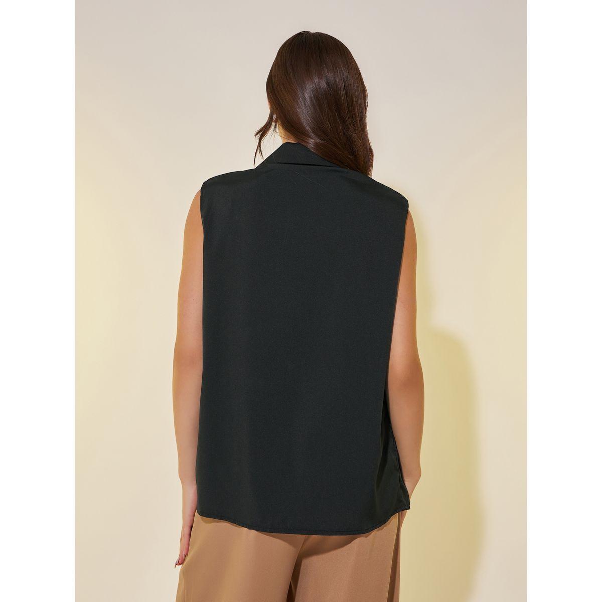 Styli Solid Sleeveless Notch Lapel Shirt with Padded Shoulder-women-clothing-tshirts-image-4