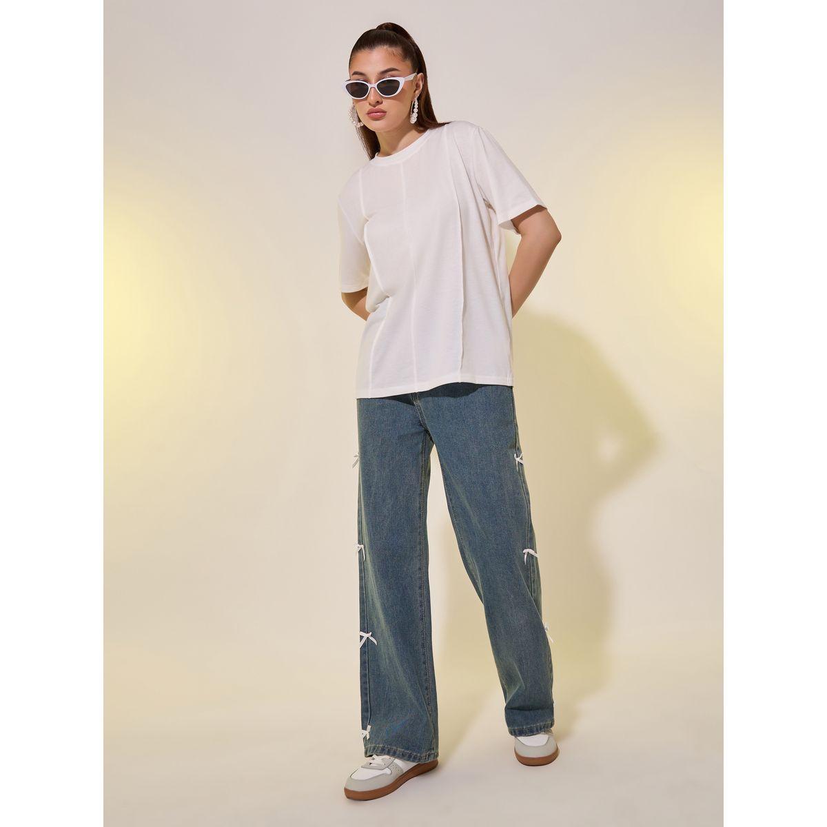 تيشيرت بقصة عادية وياقة دائرية مع درزات-women-clothing-tshirts-image-2