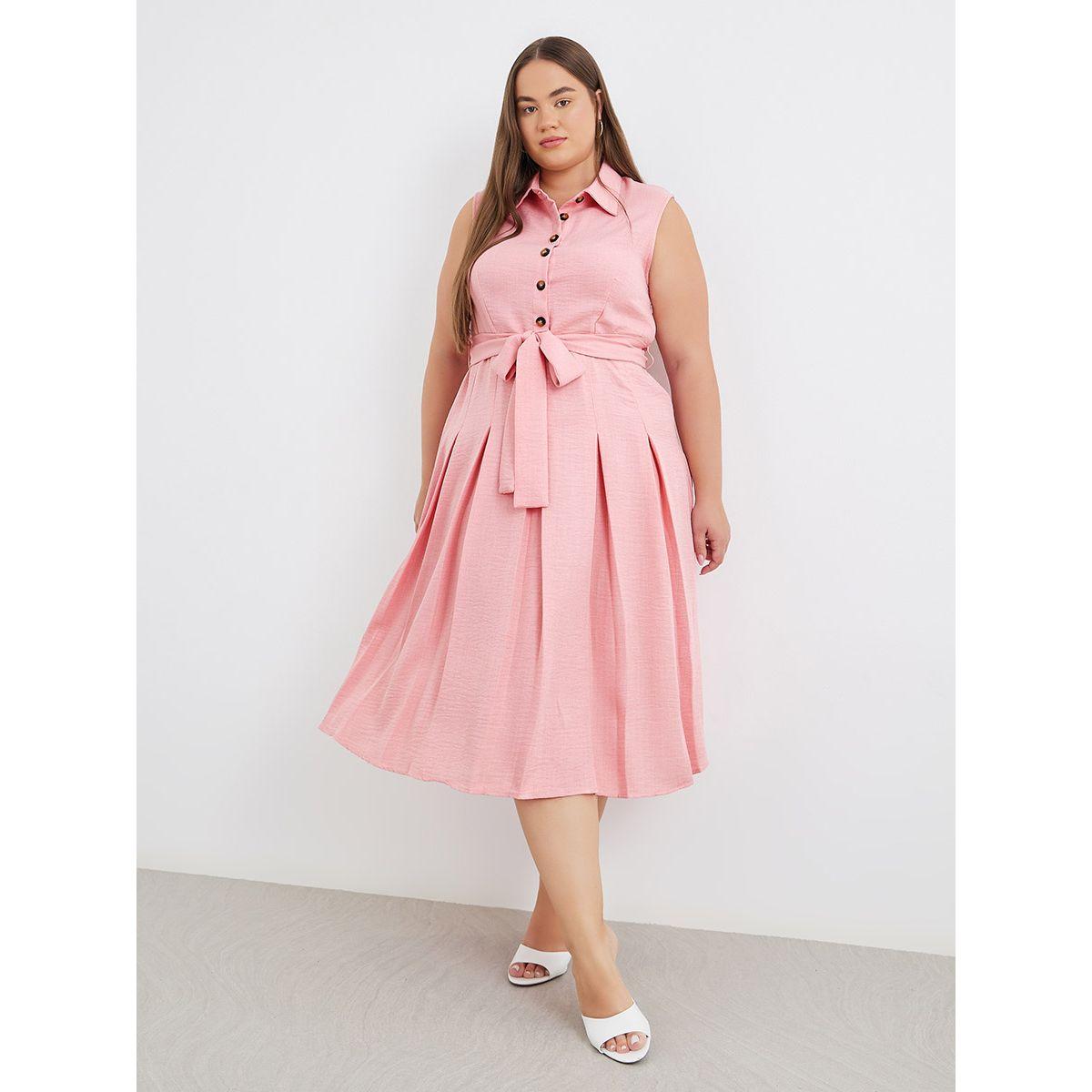 فستان ميدي بمقاس كبير وربطة خصر-women-clothing-dresses-image-1