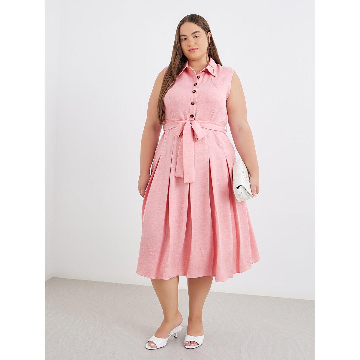 فستان ميدي بمقاس كبير وربطة خصر-women-clothing-dresses-image-2