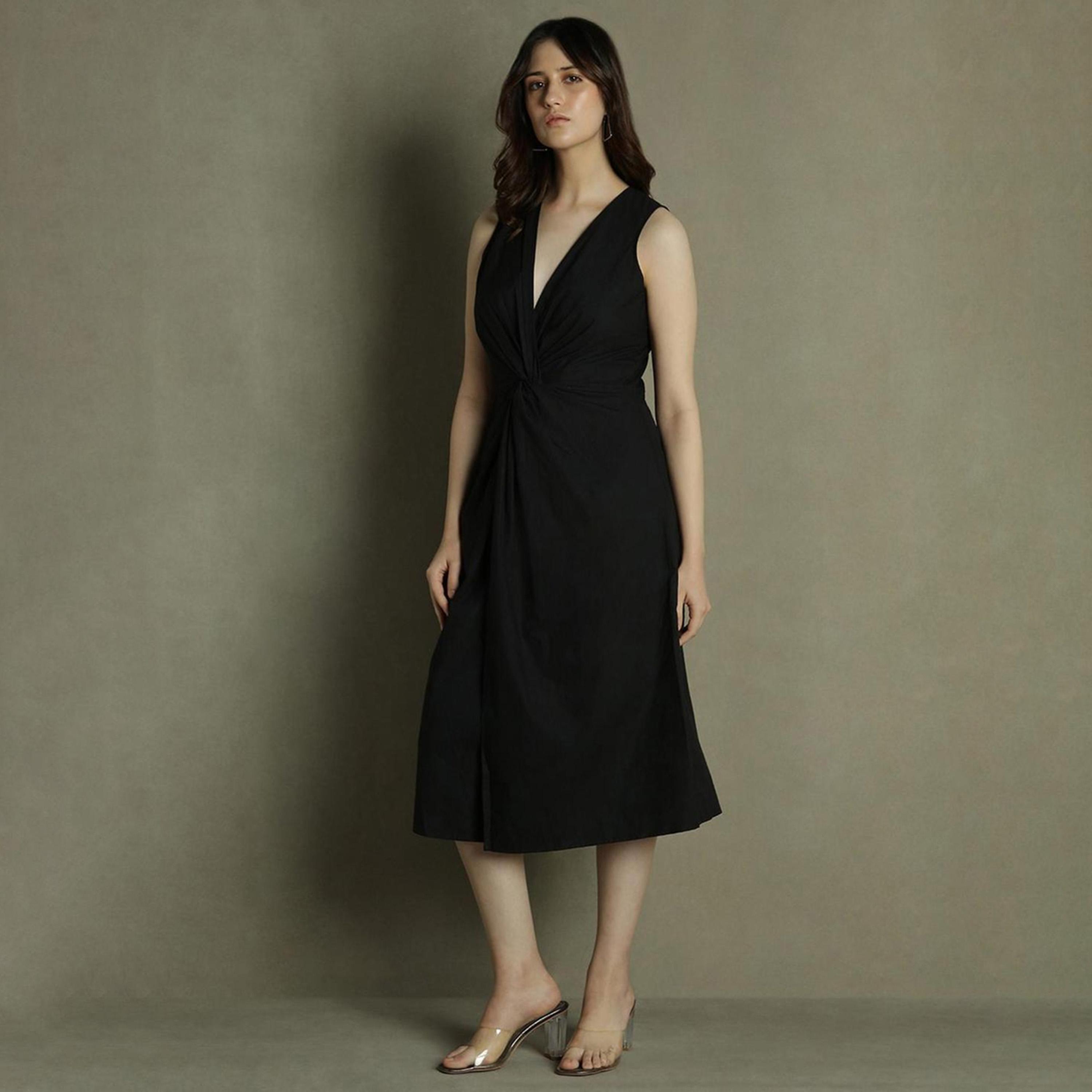 Dennis Lingo X Styli DL Women Solid V-Neck Midi Dress-women-clothing-dresses-image-1
