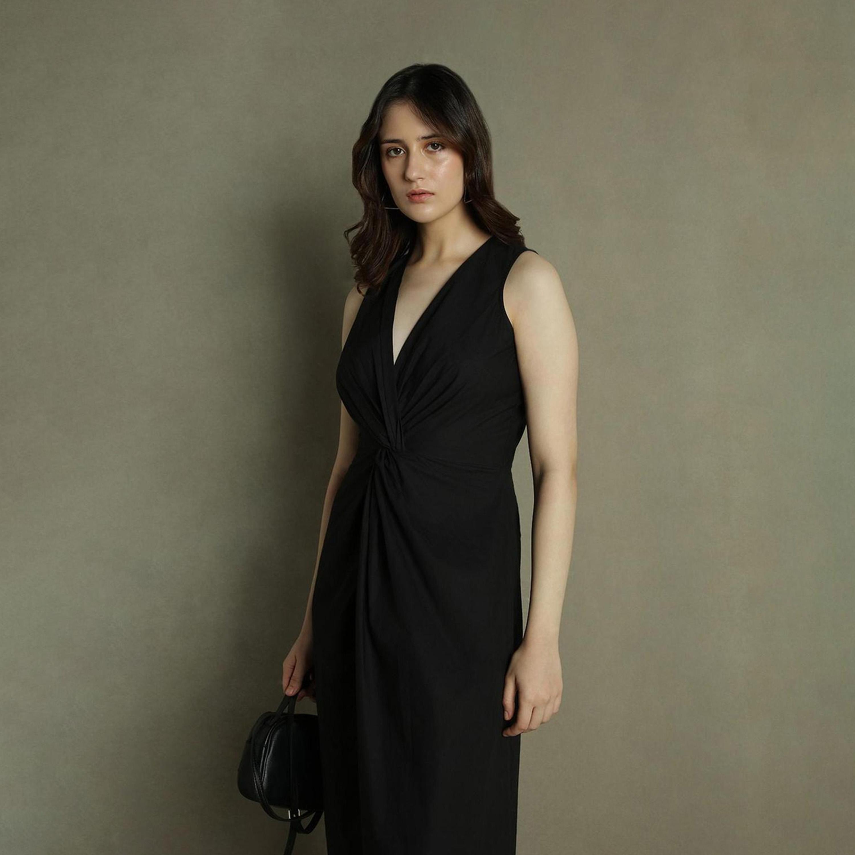 Dennis Lingo X Styli DL Women Solid V-Neck Midi Dress-women-clothing-dresses-image-2