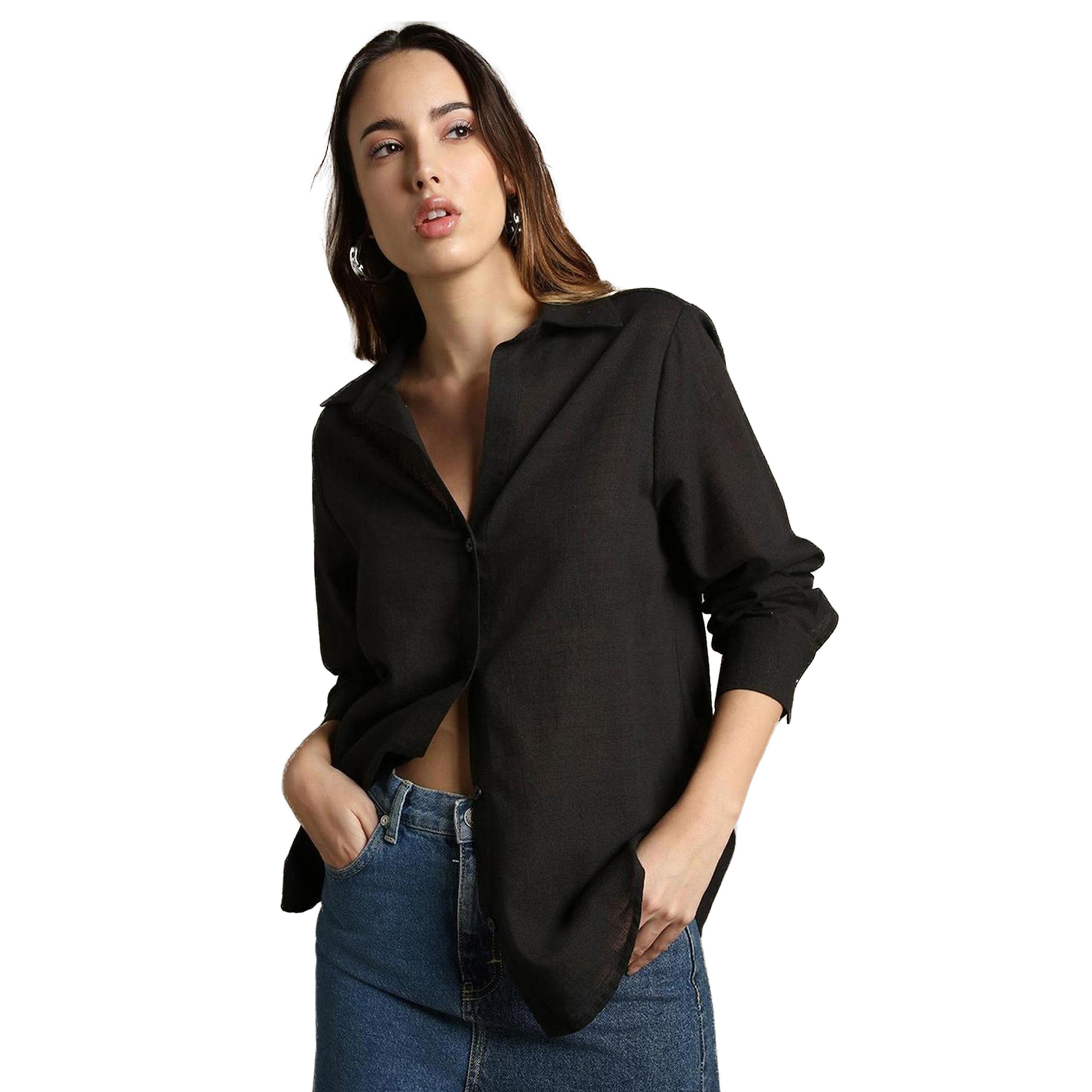 دينيس لينغو × ستايلي-  قميص منسوج ياقة منتشرة وكبير الحجم-women-clothing-shirtsandblouses-shirts-image-1