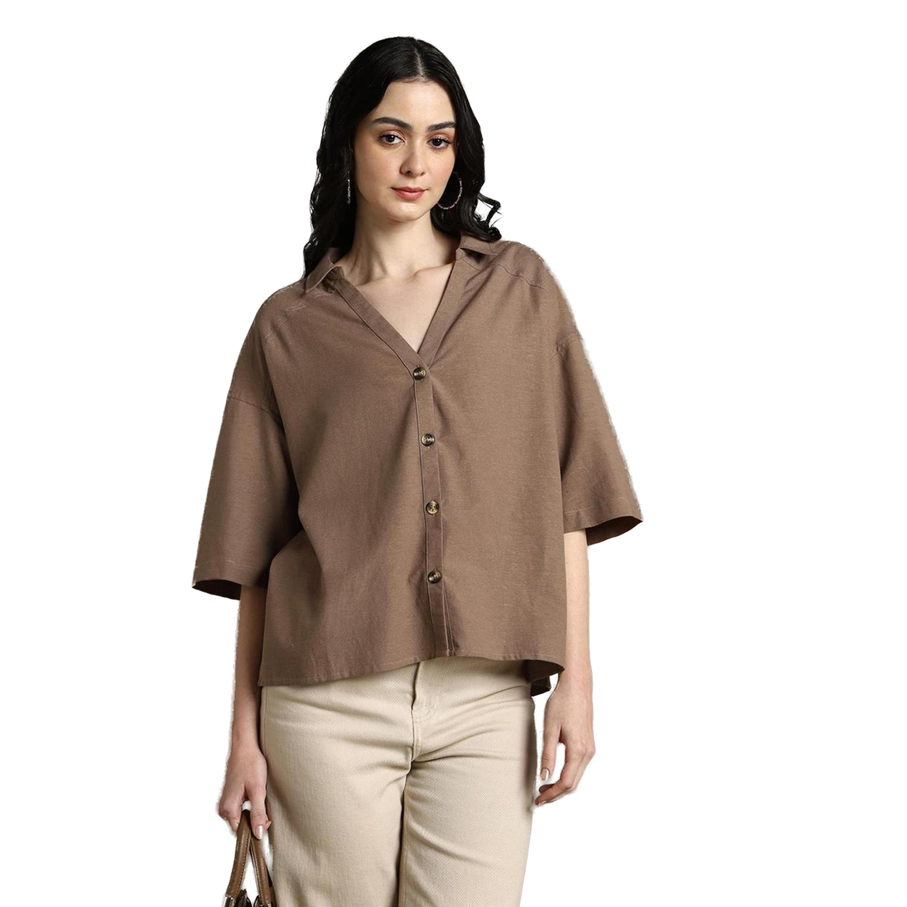 دينيس لينغو × ستايلي-  قميص كاجوال ياقة منتشرة وكبير الحجم-women-clothing-shirtsandblouses-shirts-image-1