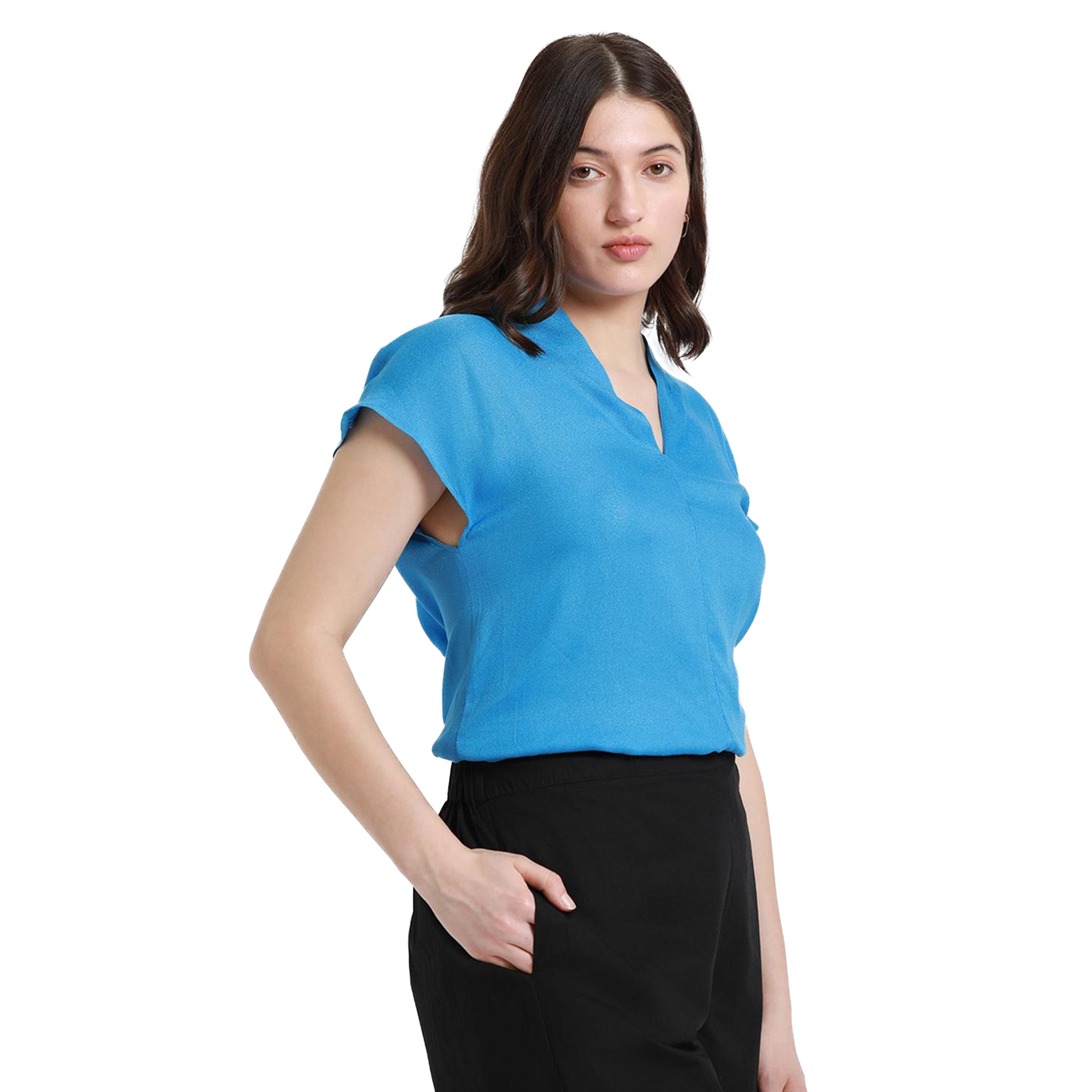 Dennis Lingo X Styli Solid V-Neck Short Sleeve Casual Top-women-clothing-shirtsandblouses-blouses-image-1