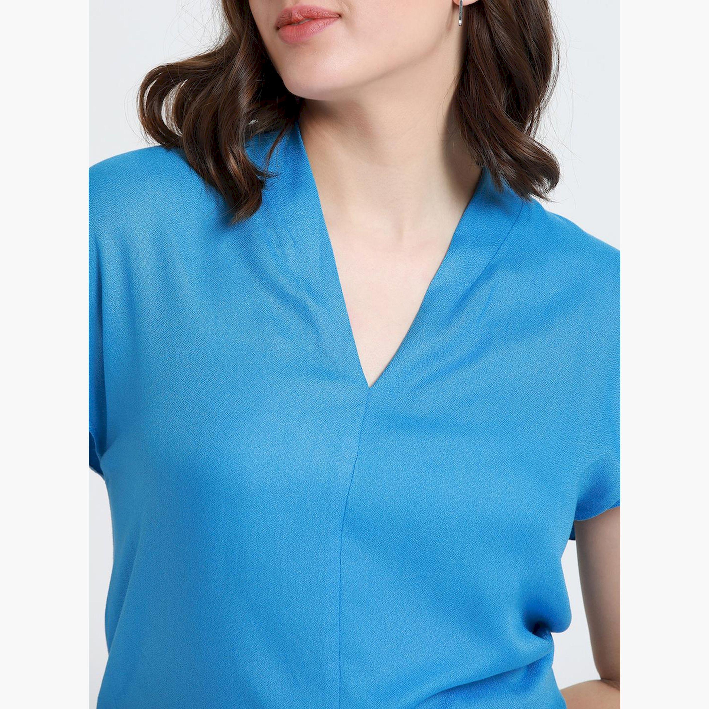 Dennis Lingo X Styli Solid V-Neck Short Sleeve Casual Top-women-clothing-shirtsandblouses-blouses-image-3